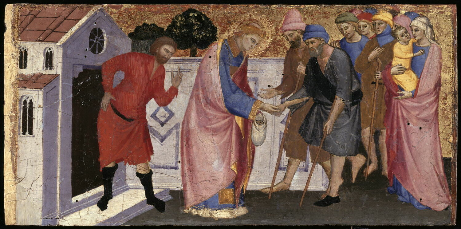 Saint Laurent distribue aux pauvres et aux malades les trésors légués par l'empereur déchu, Philippe le Jeune, à l'Église., Italie, XVe siècle (1400 - 1500)