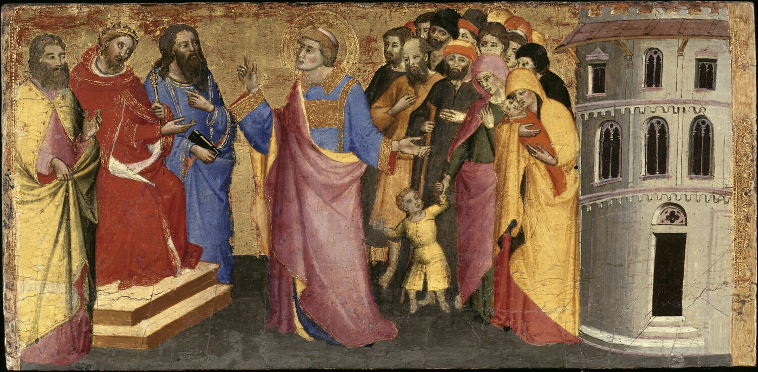 Saint Laurent rassemble les pauvres et les malades, et les présente à l'empereur comme les vrais trésors de l'Église., Italie, XVe siècle (1400 - 1500)