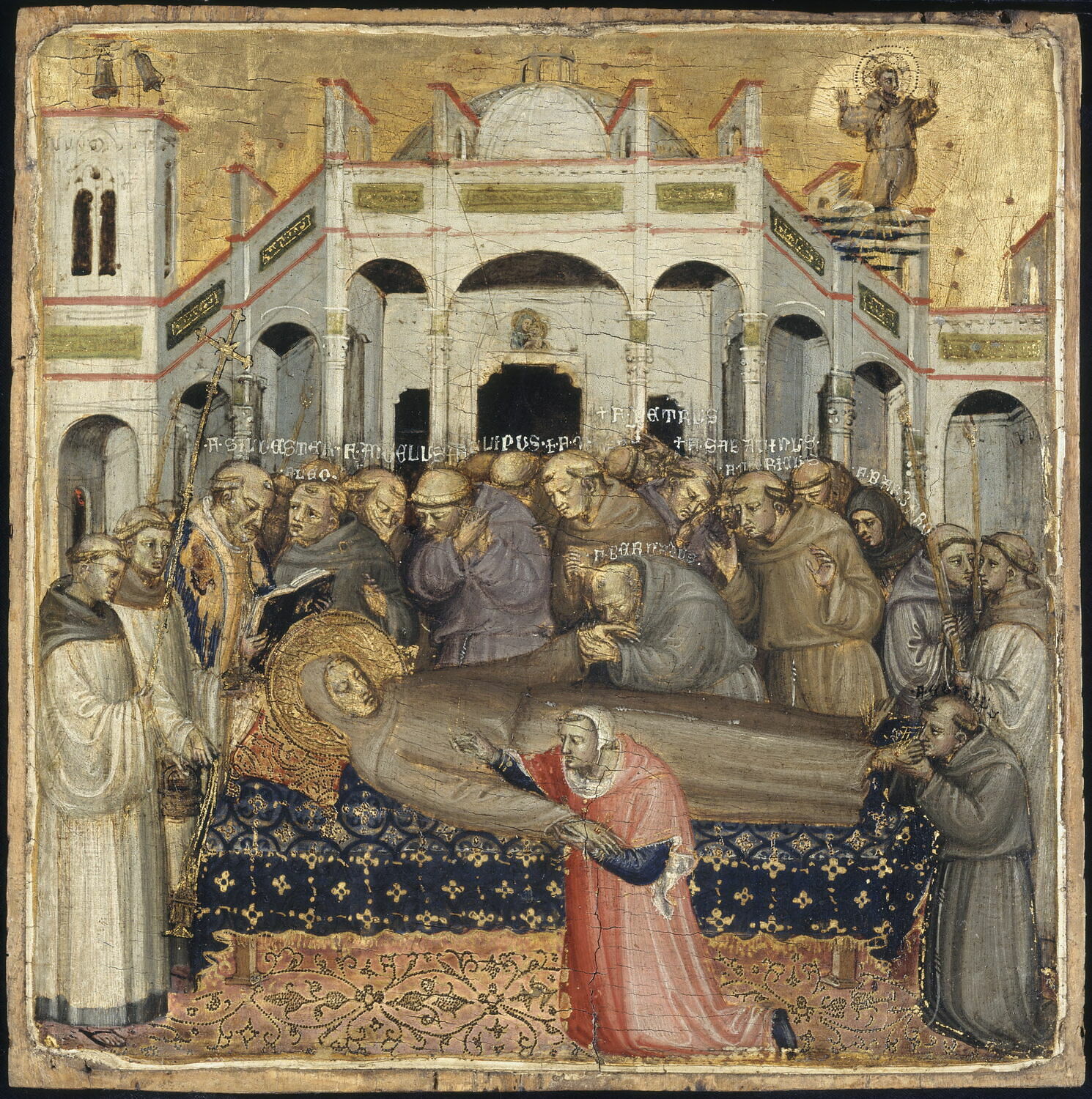 Les funérailles de saint François : vérification des stigmates en présence des premiers frères franciscains, Sylvestre, Angélus, Léon, Philippe, Pierre, Bernard, Sabatinus, Barbaro, Gilles, Masseus, Maurice., Bicci di Lorenzo, XVe siècle (1430 - 1439)
