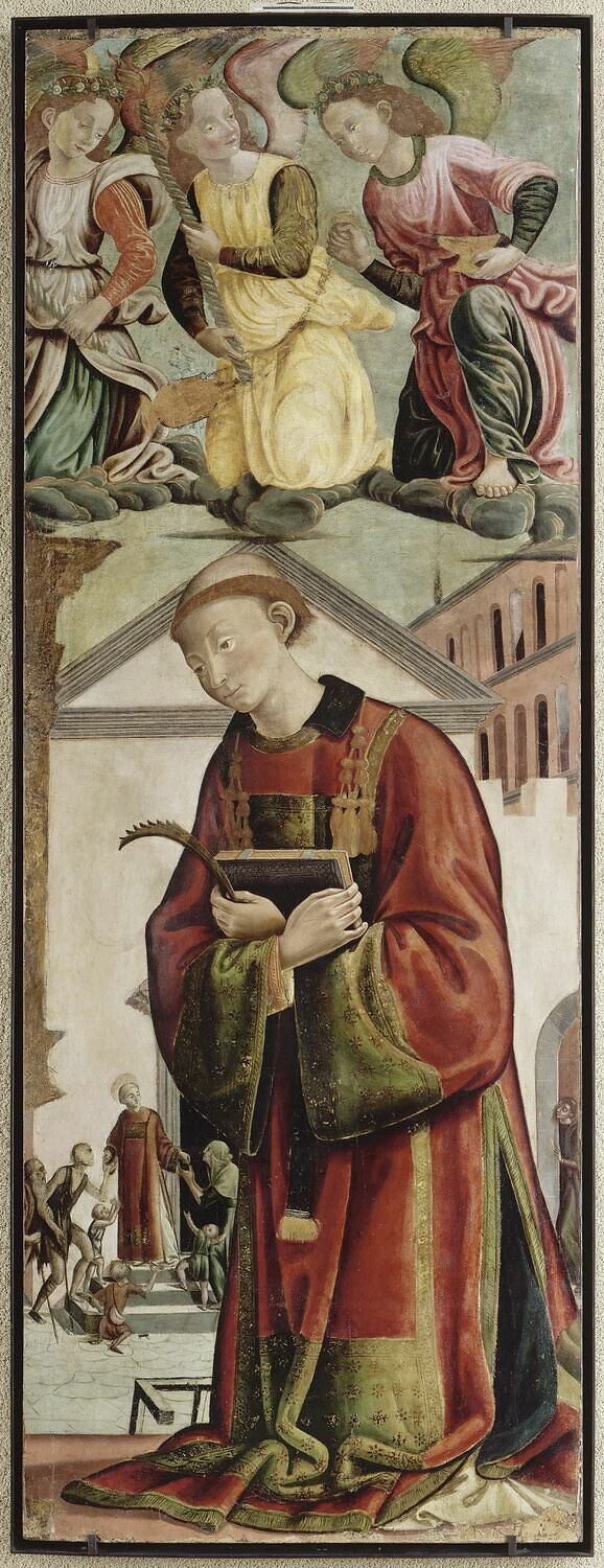 Saint Laurent (à l'arrière-plan : Saint Laurent distribuant le trésor de l'Église aux pauvres), Maître du Tondo Borghese, XVe siècle (1400 - 1500)