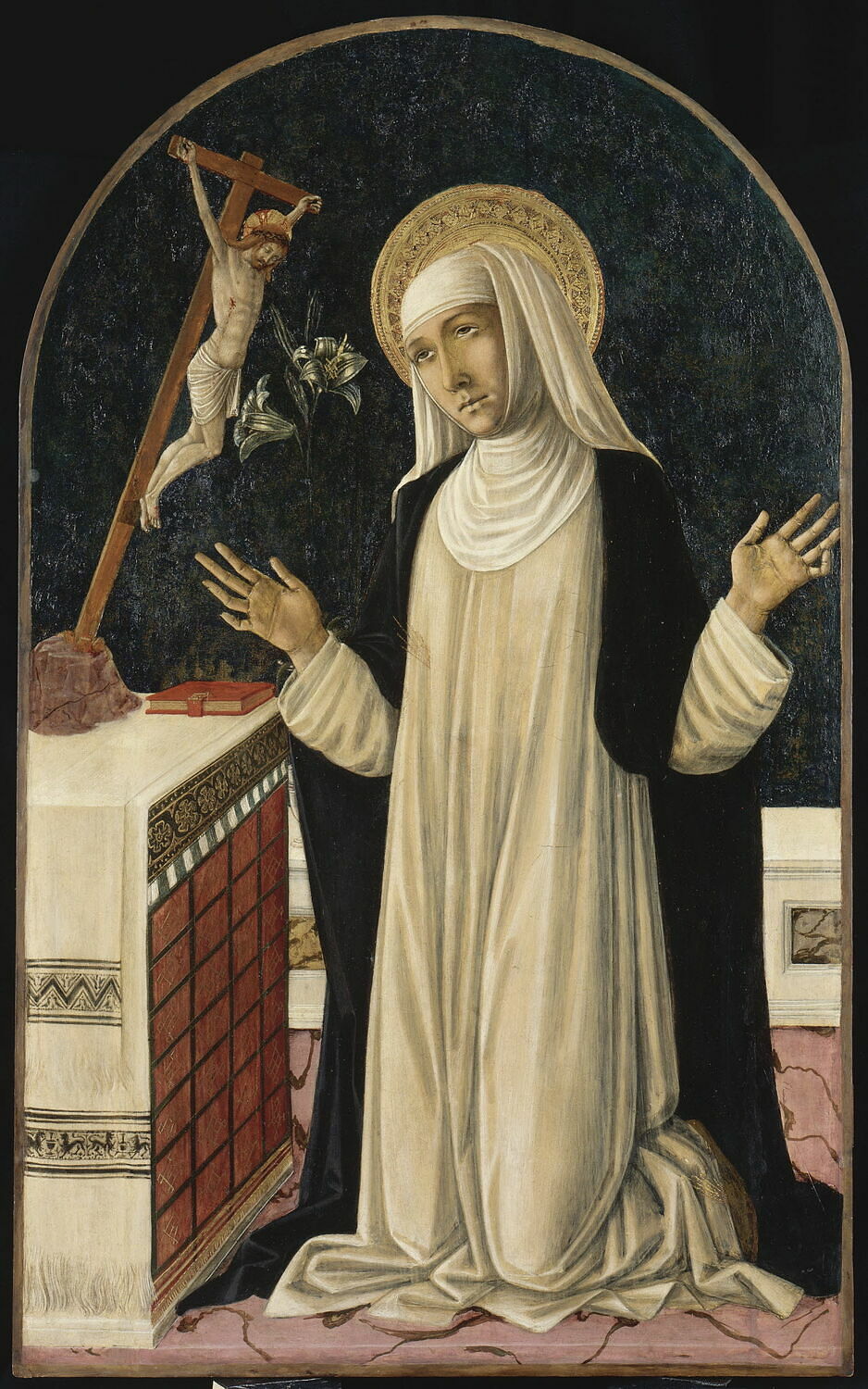 Sainte Catherine de Sienne recevant les stigmates du Crucifix qui se penche miraculeusement vers elle, Matteo di Giovanni, XVe siècle (1400 - 1500)