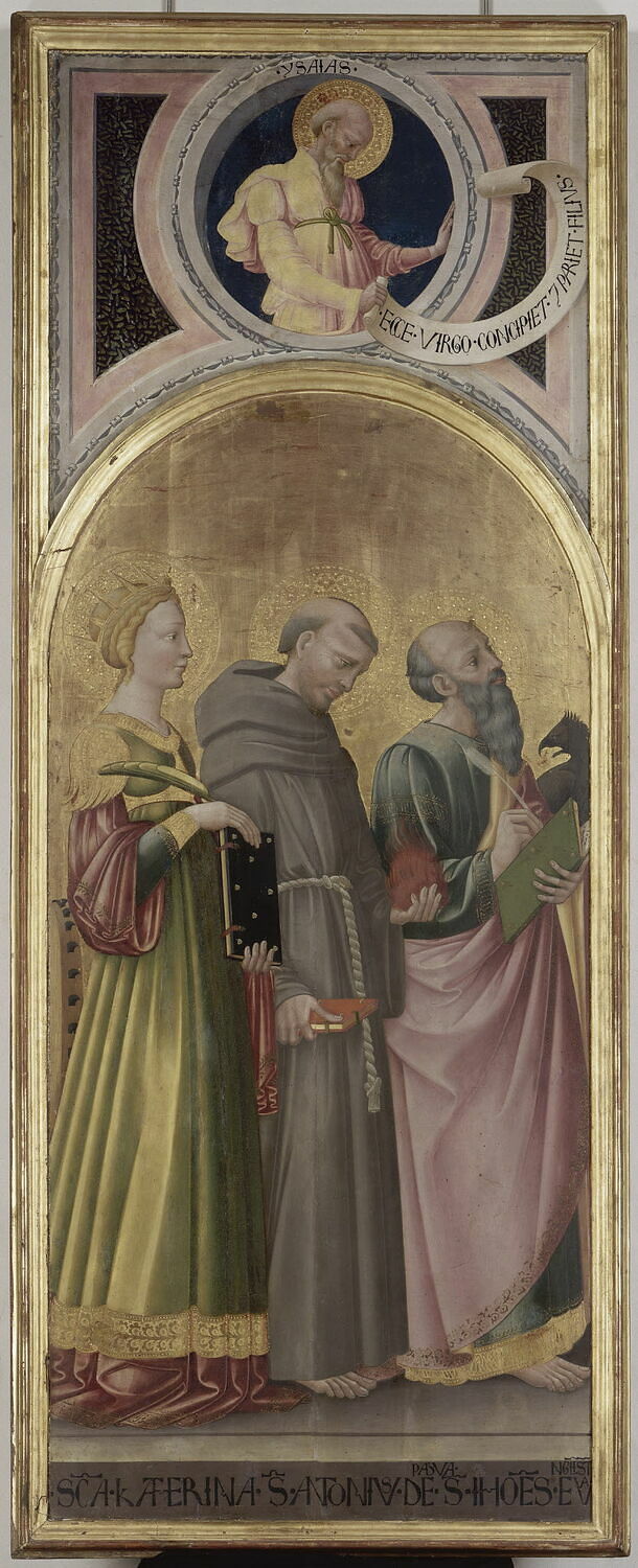 Sainte Catherine, saint Antoine de Padoue, saint Jean l'Évangéliste (au-dessus : Isaïe), Neri di Bicci, XVe siècle (Date de la commande) (1465)