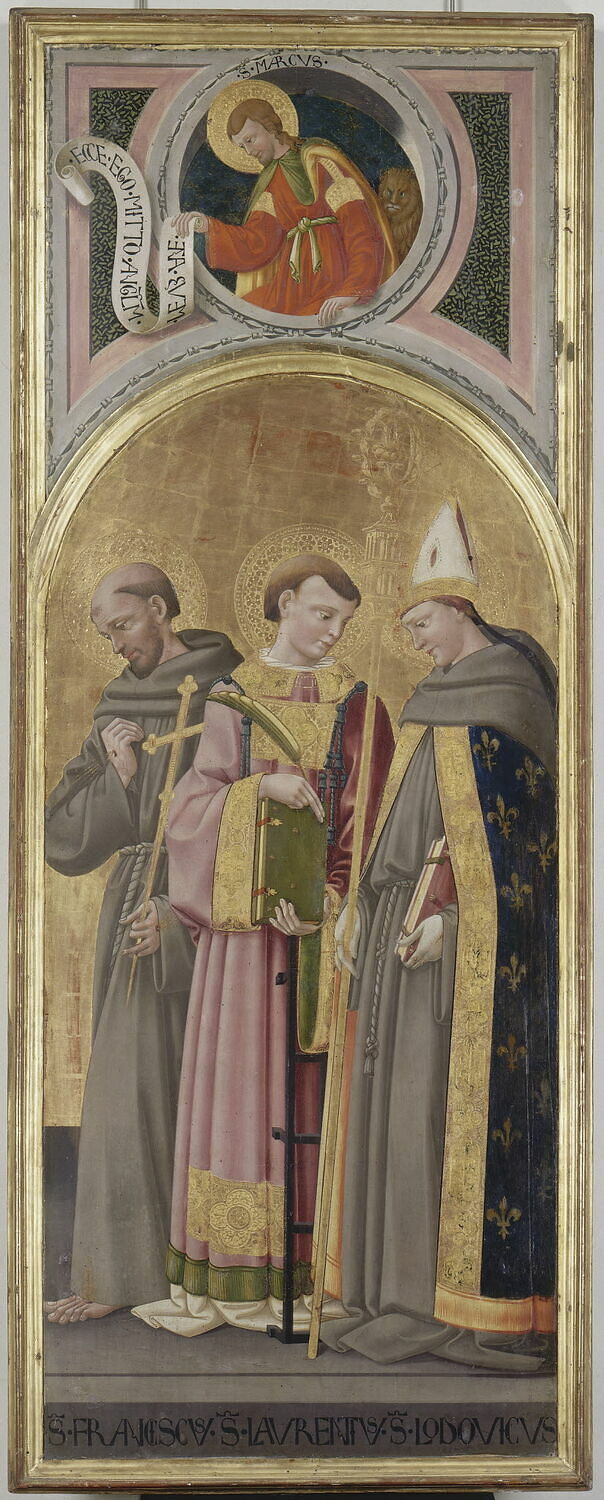 Saint Louis de Toulouse, saint Laurent, saint François (au-dessus : Saint Marc), Neri di Bicci, XVe siècle (Date de la commande) (1465)