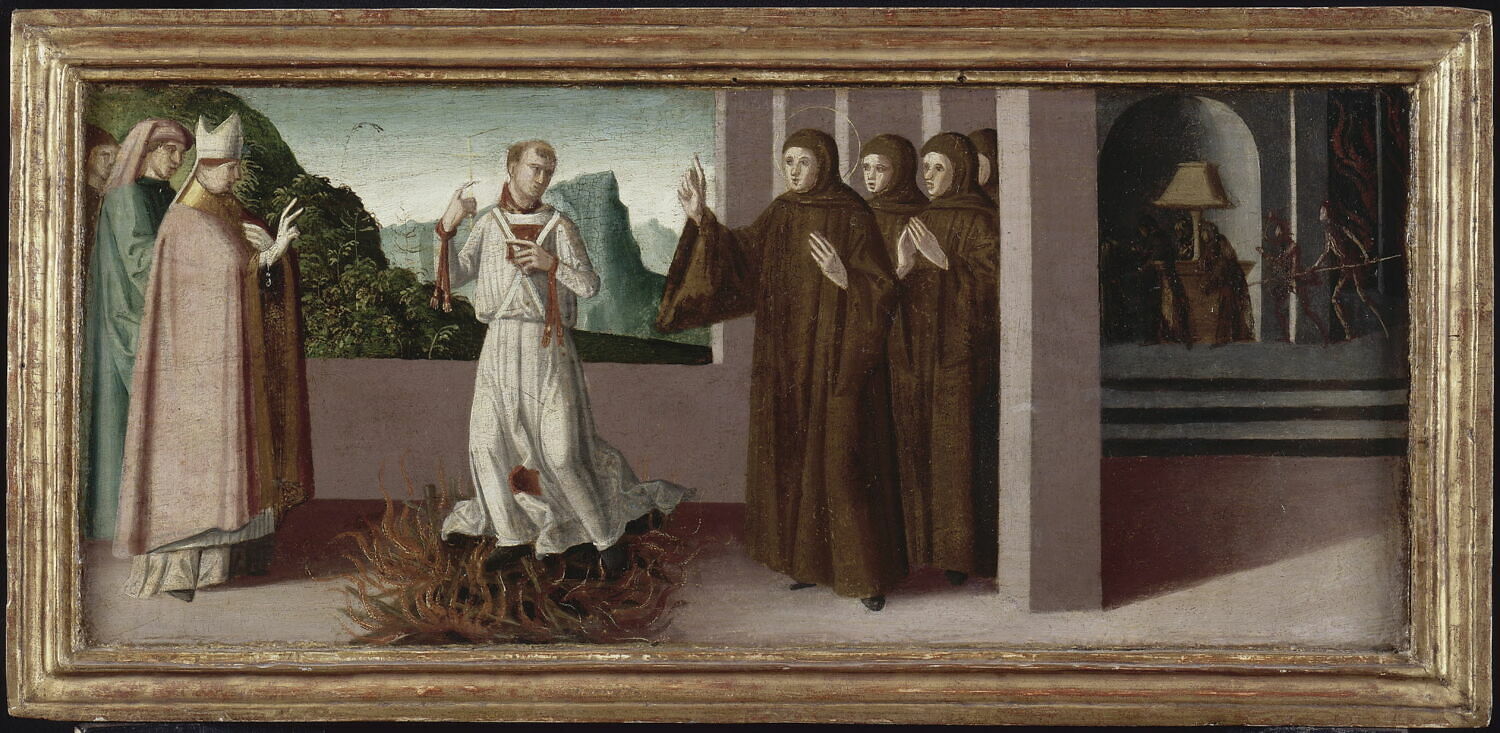 Trois scènes de la vie de saint Jean Gualbert : En présence de saint Jean Gualbert, le bienheureux Petrus Igneus subit l'ordalie du feu contre l'archevêque de Florence., Palmezzano, Marco, 1e quart du XVIe siècle (vers 1500 - 1525)