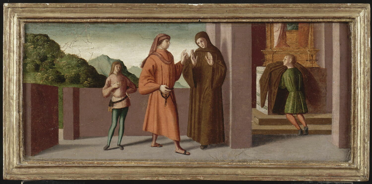 Trois scènes de la vie de saint Jean Gualbert : Jean Gualbert prend l'habit monastique malgré la volonté de son père., Palmezzano, Marco, 1e quart du XVIe siècle (1500 - 1525)