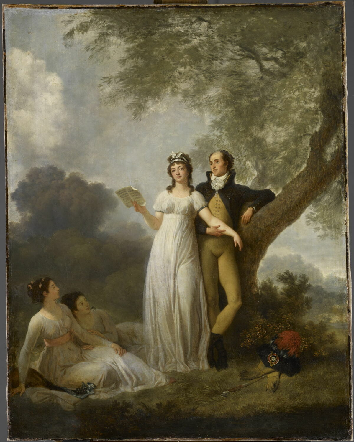 Quatre personnages dont une femme chantant dans un parc, France, Fin du XVIIIe siècle (vers 1795)