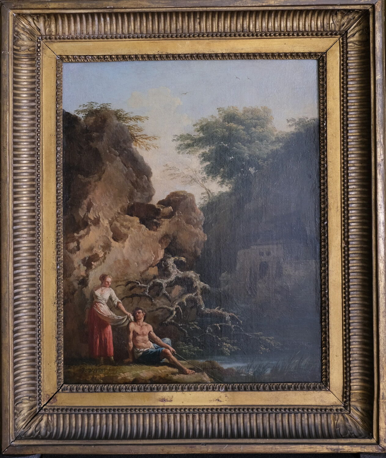Paysage avec figures au bord de l'eau sur un fond de rocher, Vernet, Claude-Joseph, XVIIIe siècle (1700 - 1800)