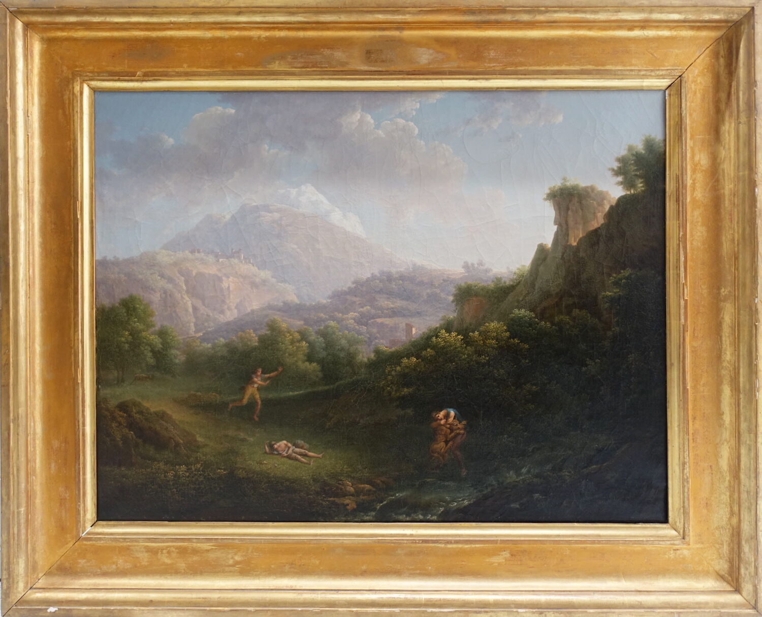 Paysage. Berger luttant avec une bête qu'il étouffe de ses bras dans un paysage de haute montagne, Vanderburch, Jacques André Édouard, XVIIIe siècle (1700 - 1800)