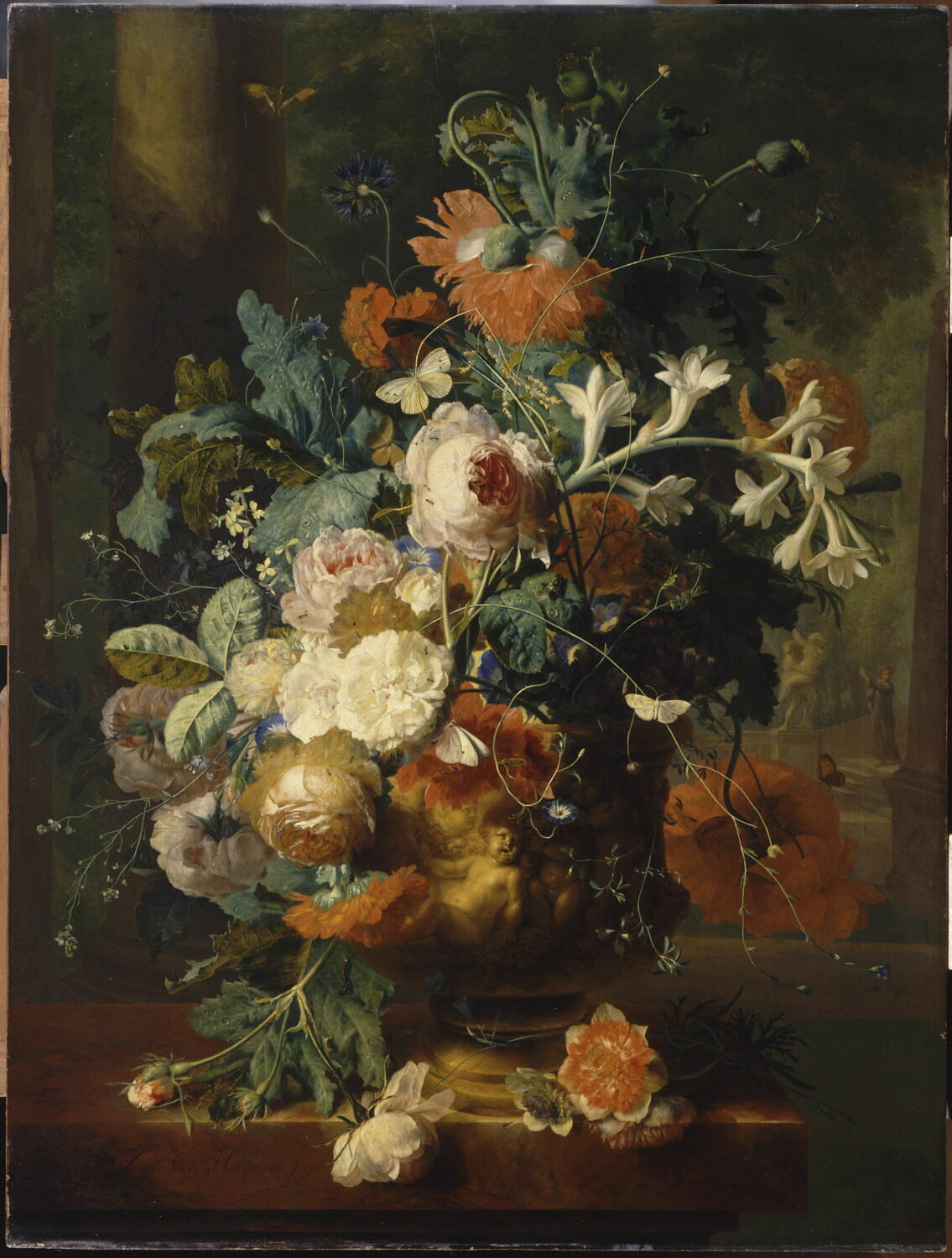 Vase de fleurs sur fond de parc avec statue, Huysum, Jan van, XVIIIe siècle (1700 - 1800)