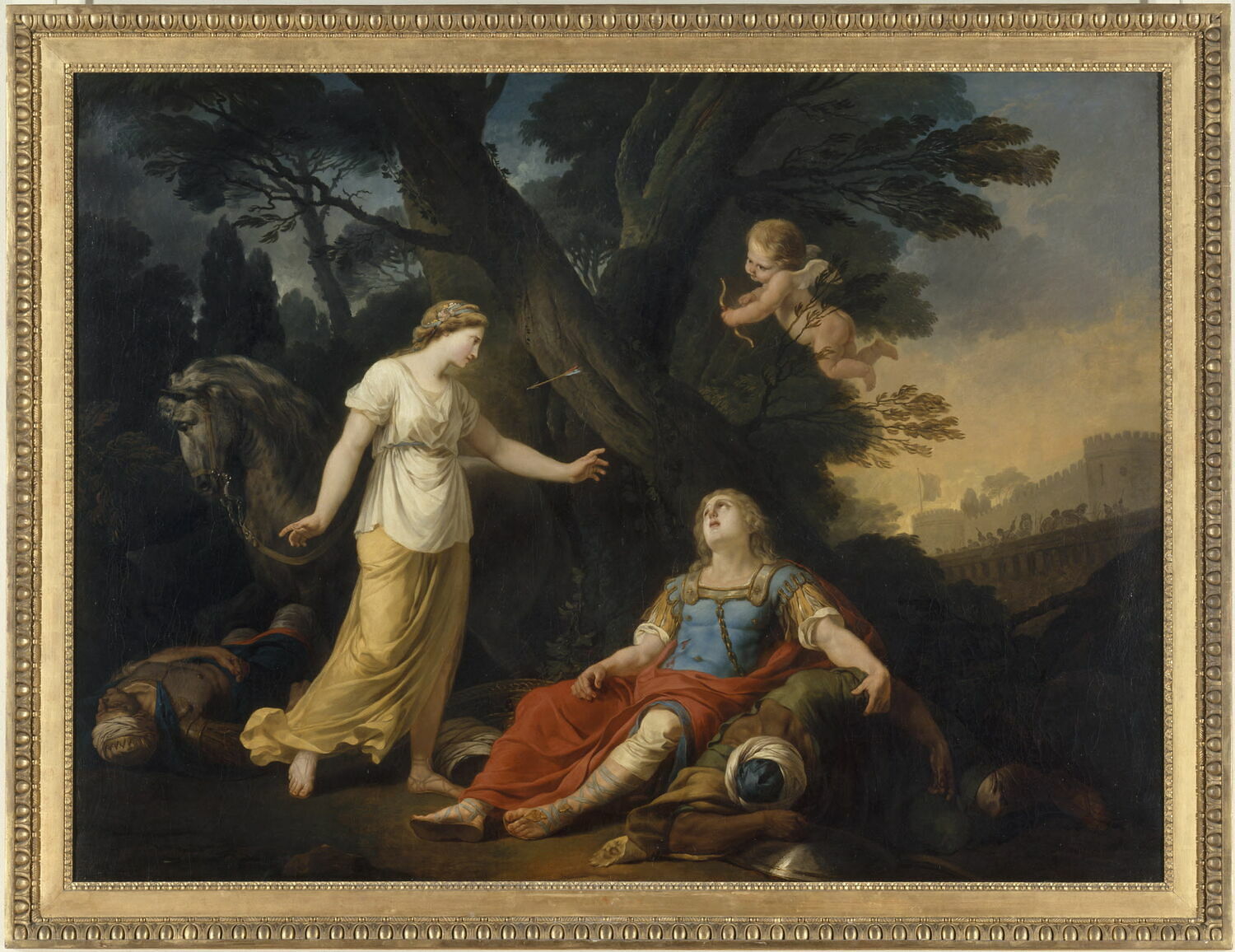 Tancrède blessé après avoit tué Argan est secouru par Clorinde, Suvée, Joseph Benoît, 3e tiers du XVIIIe siècle (1778 - 1779)