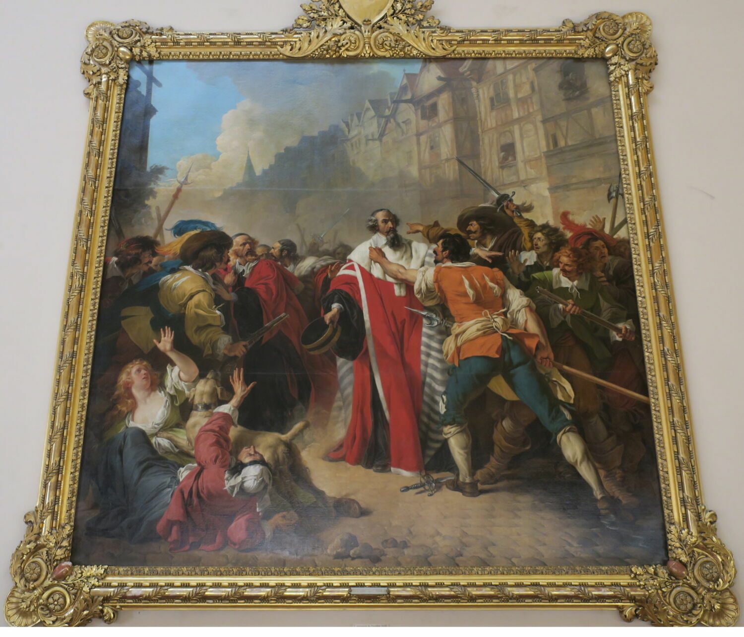 Le Président Molé, saisi par les factieux, au temps des guerres de la Fronde. La scène se passe près de la Croix du Trahoir, Vincent, François-André, XVIIIe siècle (1779)