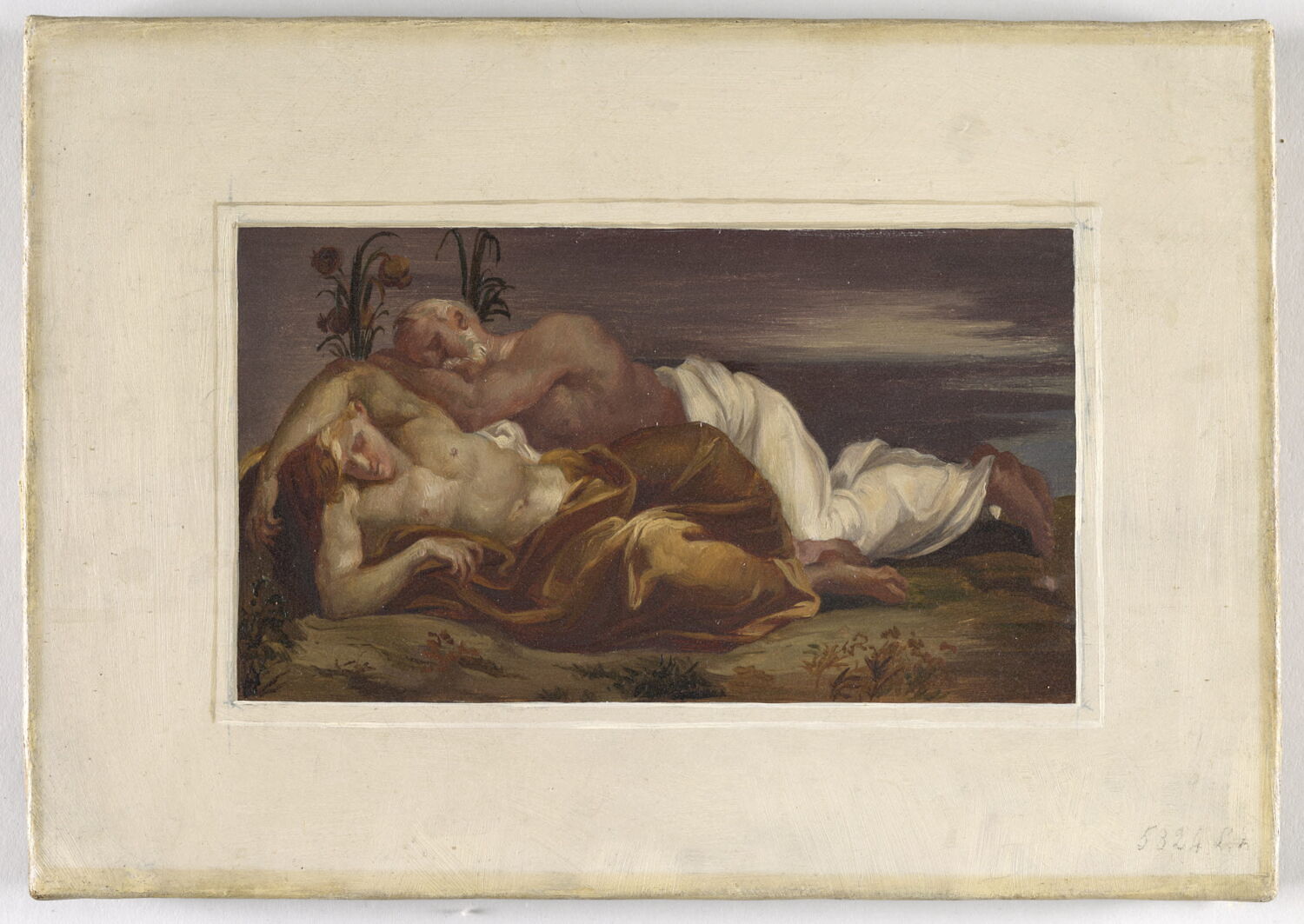 Deux hommes endormis sous des pavots, dit autrefois "Morphée et le Sommeil", Alaux, Jean, 2e quart du XIXe siècle (1834)