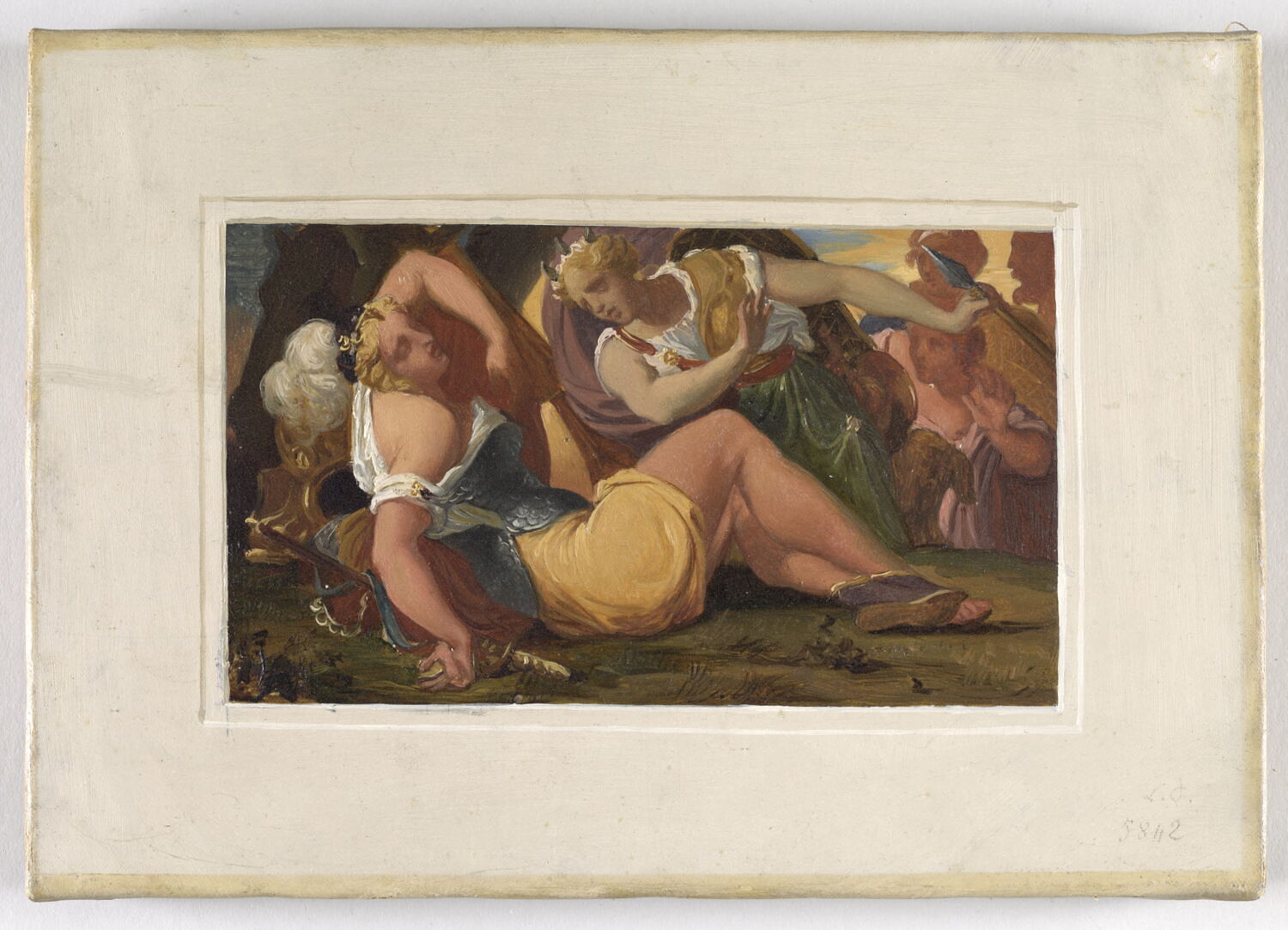 Guerrière blessée (amazone ?) secourue par une femme, dit autrefois "Bellone", Alaux, Jean, 2e quart du XIXe siècle (1834)