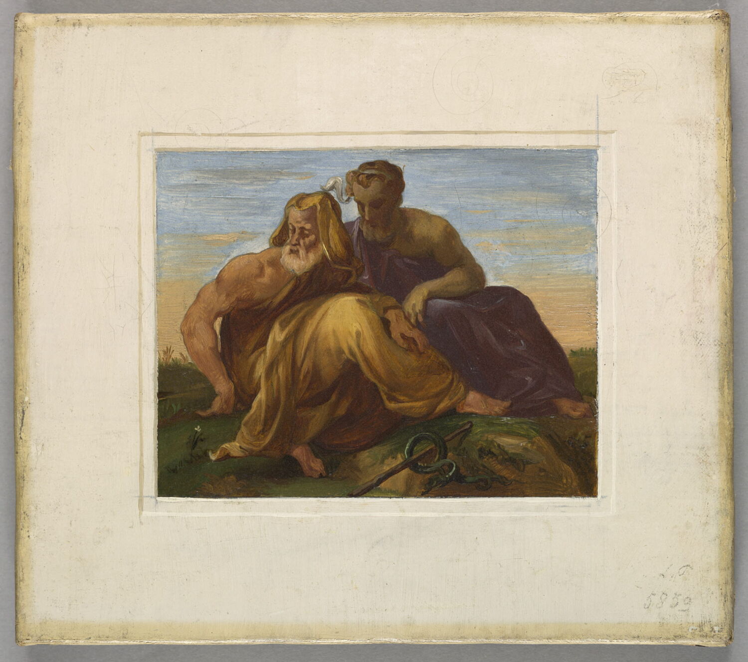 Deux hommes assis, un serpent auprès d'eux, dit autrefois "Esculape", Alaux, Jean, 2e quart du XIXe siècle (1834)