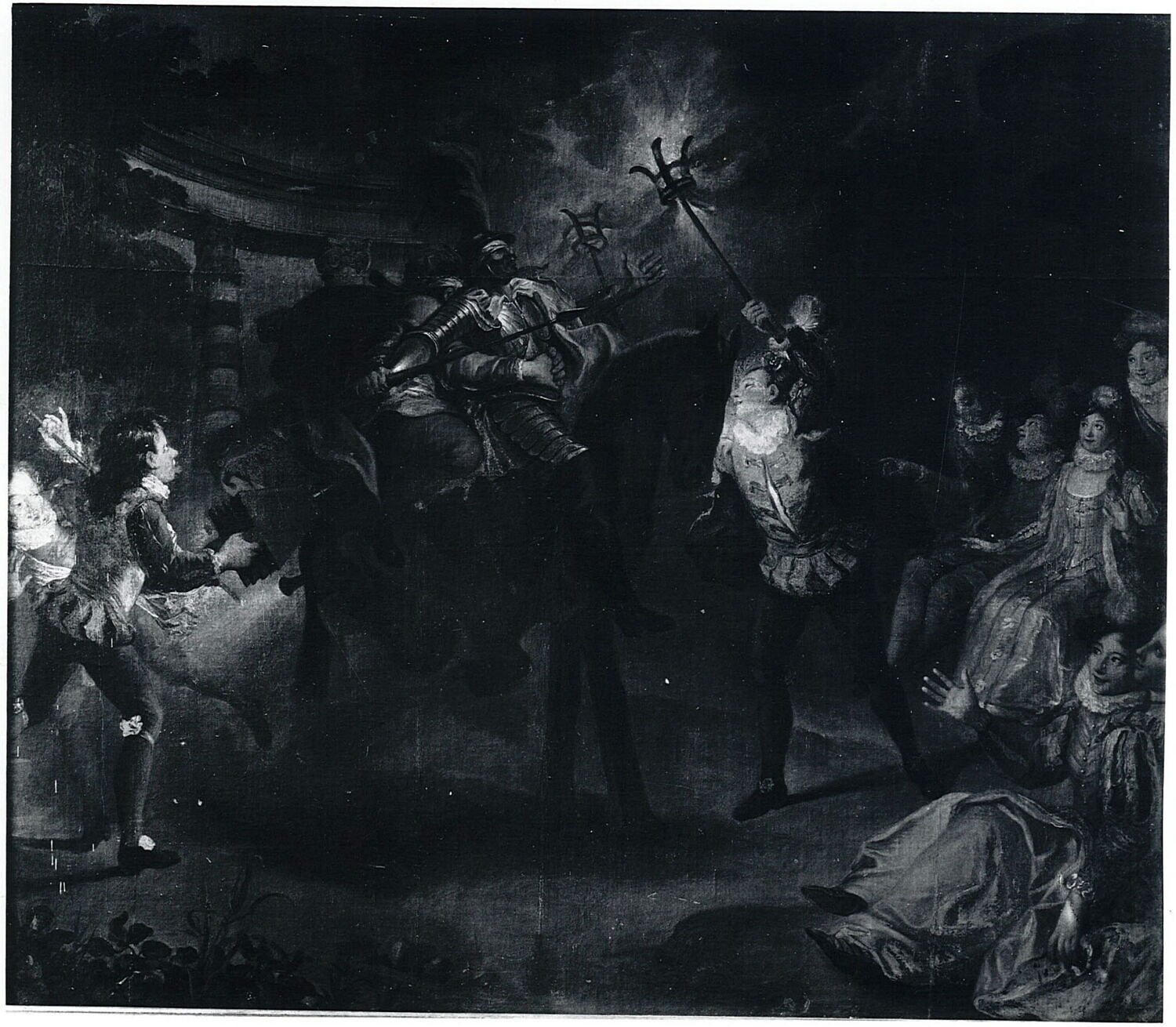 Don Quichotte et Sancho montés sur un cheval de bois, s'imaginant traverser les airs pour aller venger Doloride, Coypel, Charles-Antoine, 1e quart du XVIIIe siècle (1724)