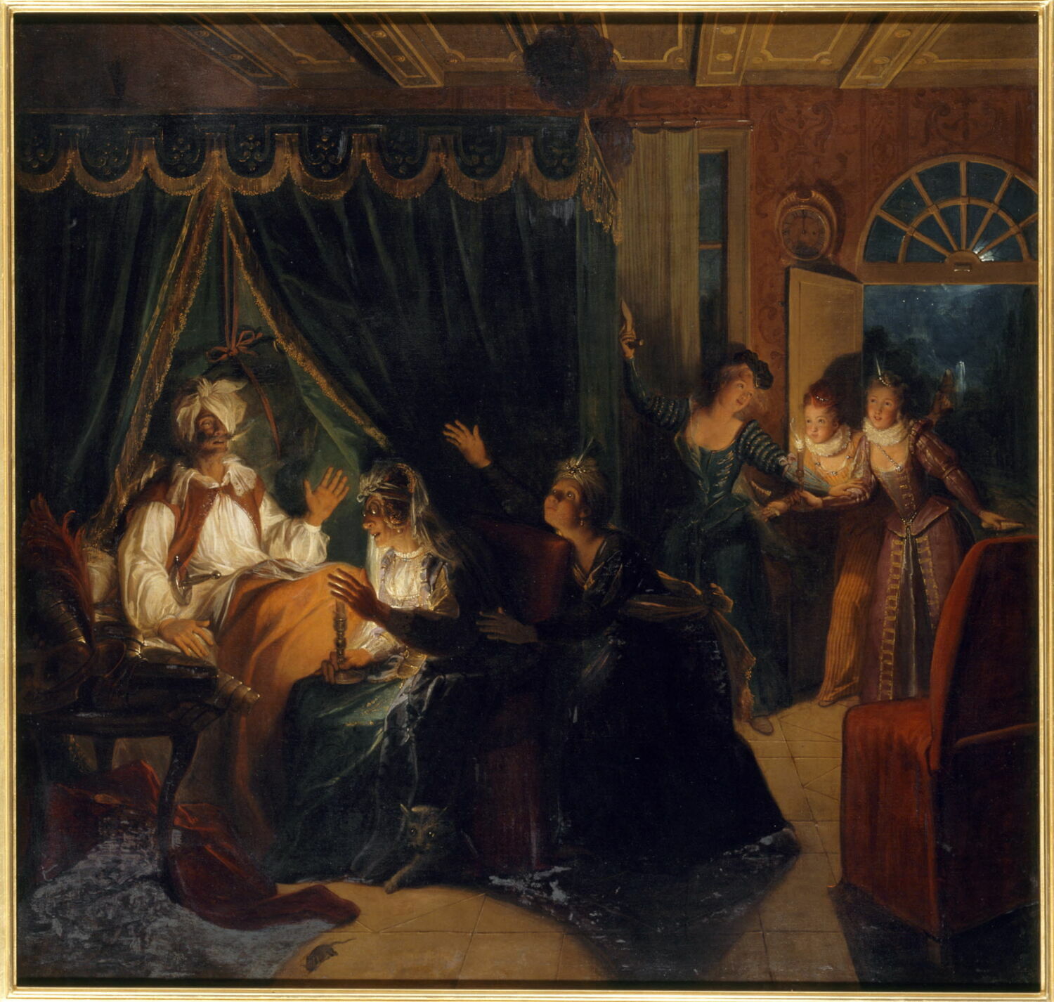 La Dame Rodrigue s'entretenant la nuit avec Don Quichotte est surprise par les demoiselles de la Duchesse, Coypel, Charles-Antoine, 1e quart du XVIIIe siècle (1717)