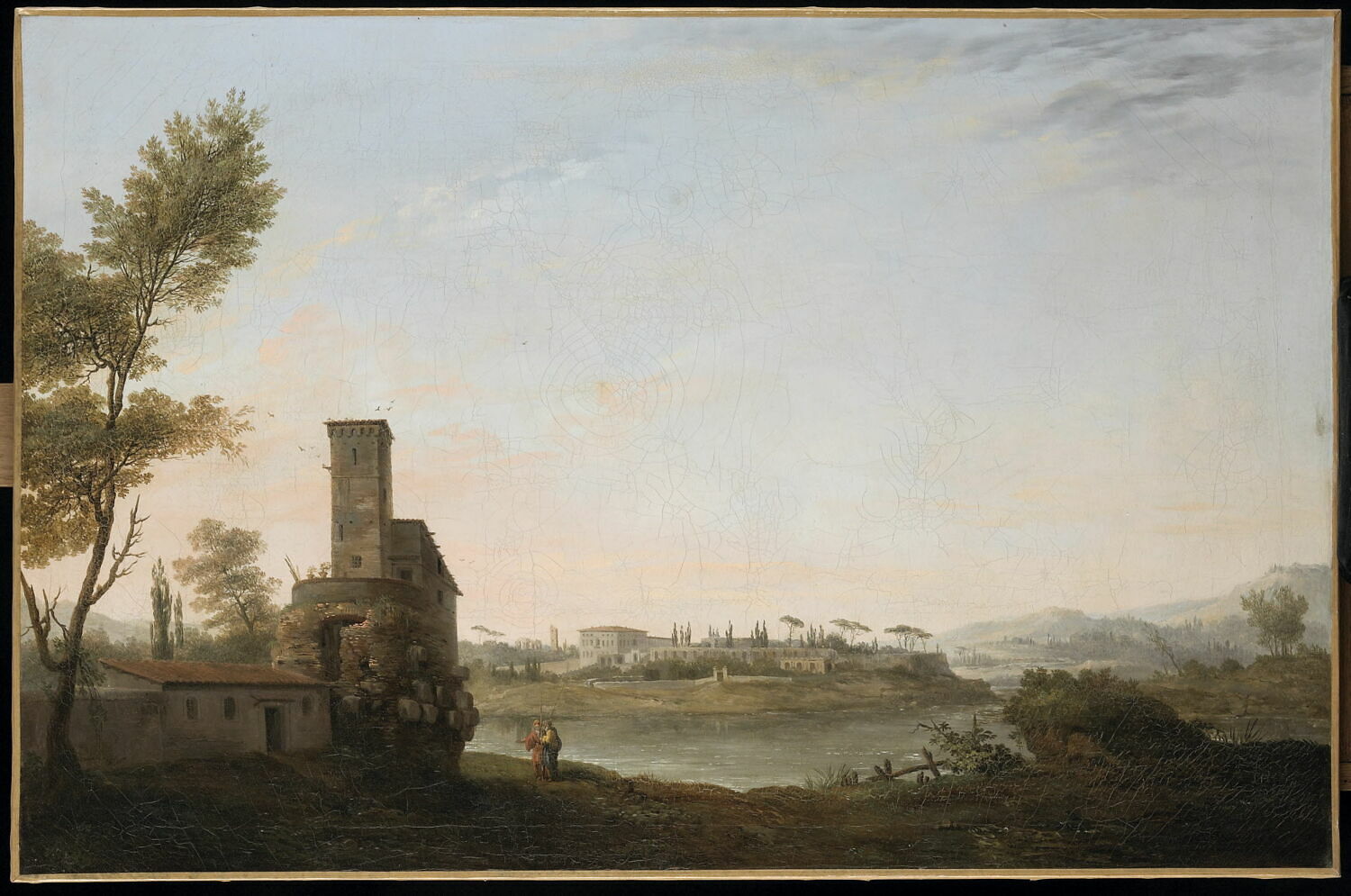 Paysage d'Italie, bord de rivière avec tour, Van Loo, César, XVIIIe siècle (1780)