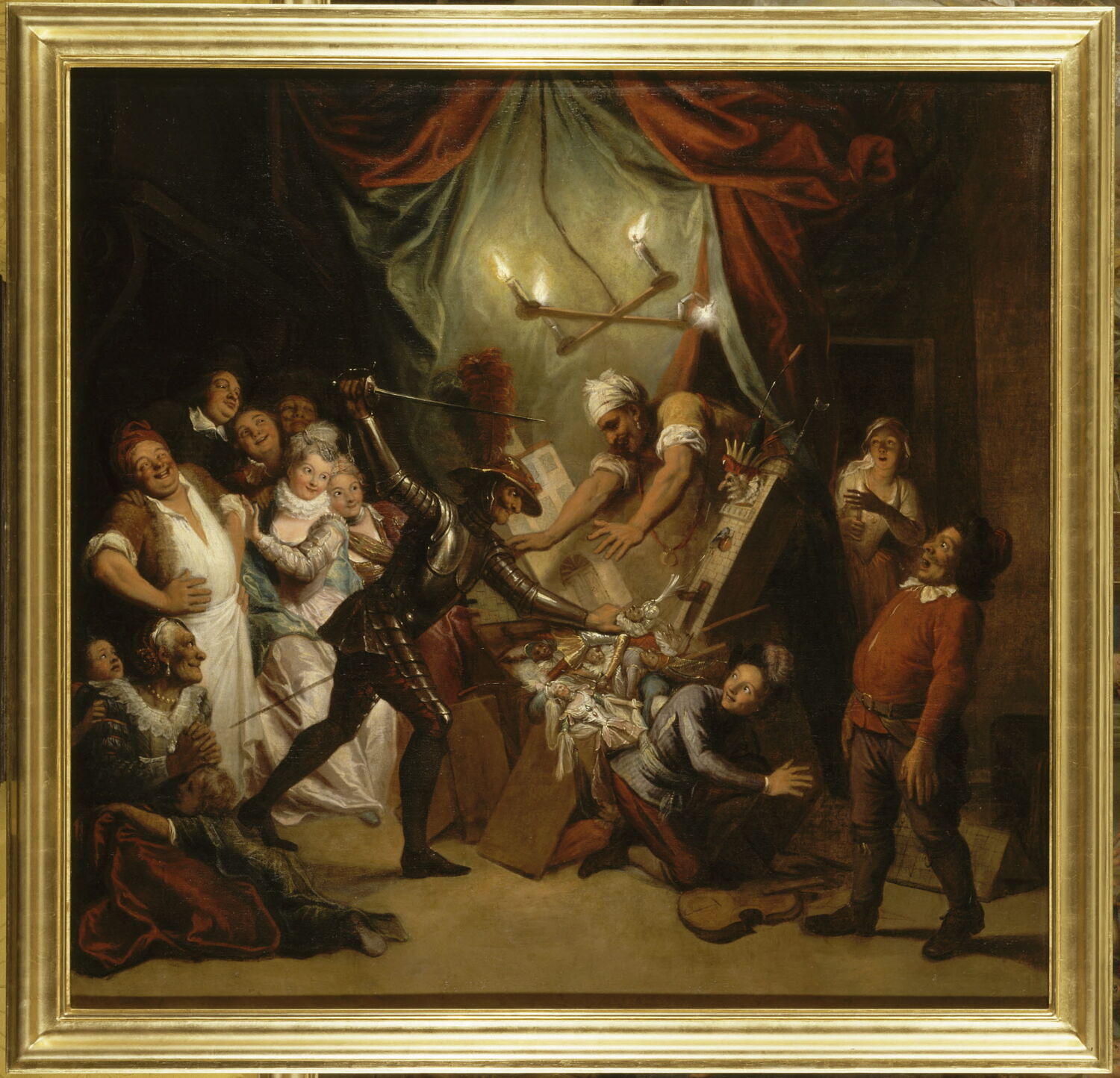 Don Quichotte prenant des marionnettes pour des Maures, croit, en les combattant, secourir deux amants fugitifs, Coypel, Charles-Antoine, 1e quart du XVIIIe siècle (1716)