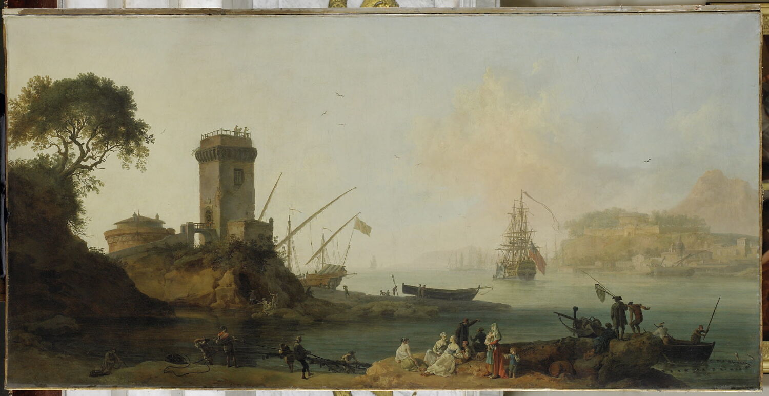 Marine ; intérieur d'un port méditerranéen avec une tour, Volaire, Pierre Jacques, XVIIIe siècle (1700 - 1800)
