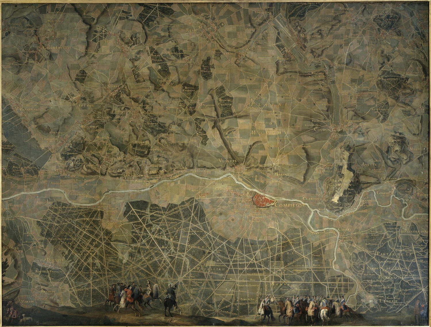 Plan d'une partie de la forêt de Compiègne, avec chasse de Louis XV, Martin, Pierre Denis, XVIIIe siècle (1700 - 1800)