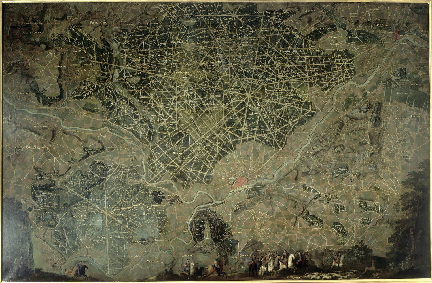 Plan d'une partie de la forêt de Compiègne avec chasse de Louis XV, Martin, Pierre Denis, XVIIIe siècle (1700 - 1800)