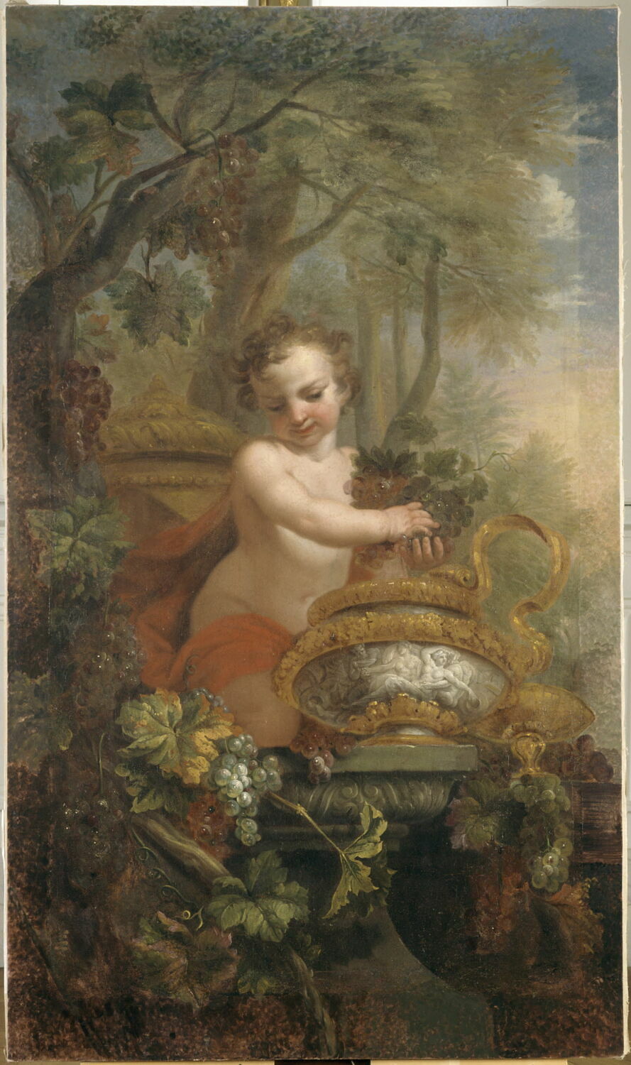 L'Automne ; un amour presse des raisins dans un vase, rehaussé d'or, Damoiselet, Florentin, XVIIe siècle (1600 - 1700)