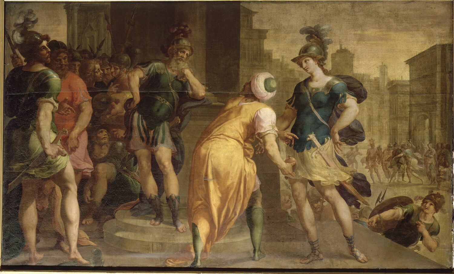 Clorinde et Argant quittant le sultan Saladin pour aller attaquer le camp des Croisés, Dubois, Ambroise, XVIe siècle (1500 - 1600)