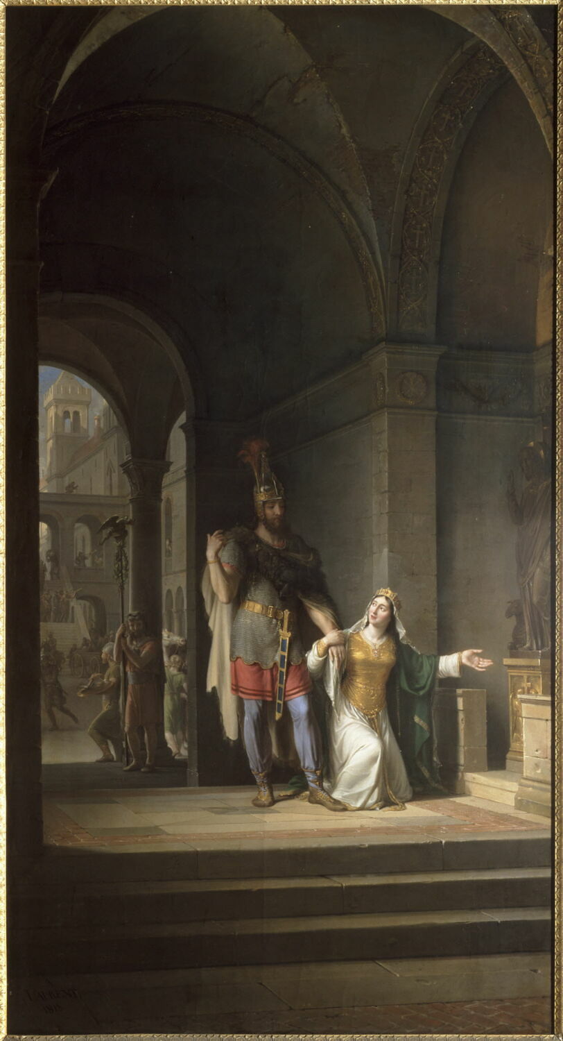 Clotilde suppliant Clovis son époux d'embrasser le christianisme avant son départ pour la bataille de Tolbiac, Laurent, Jean-Antoine, XIXe siècle (Salon de 1819) (1818)