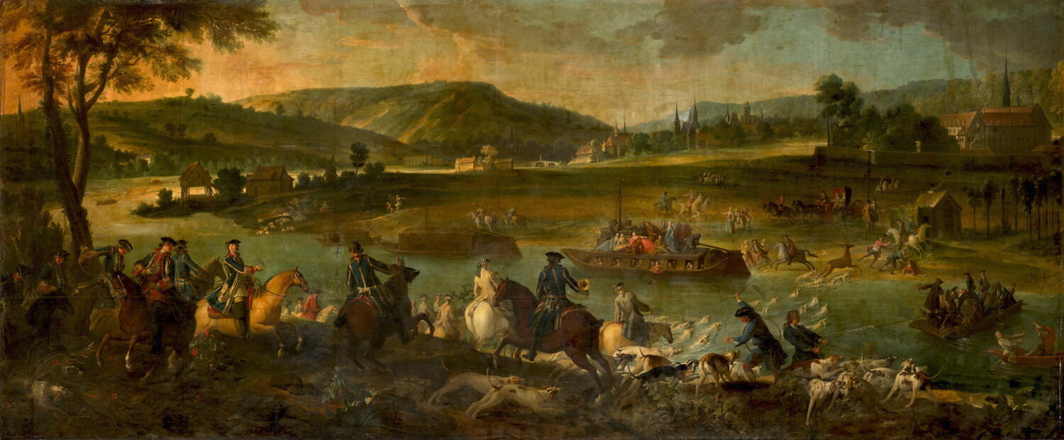 Chasse de Louis XV dans la forêt de Compiègne; le cerf passe l'Oise. Vue de Compiègne à l'arrière plan, Oudry, Jean-Baptiste, 2e quart du XVIIIe siècle (1733)