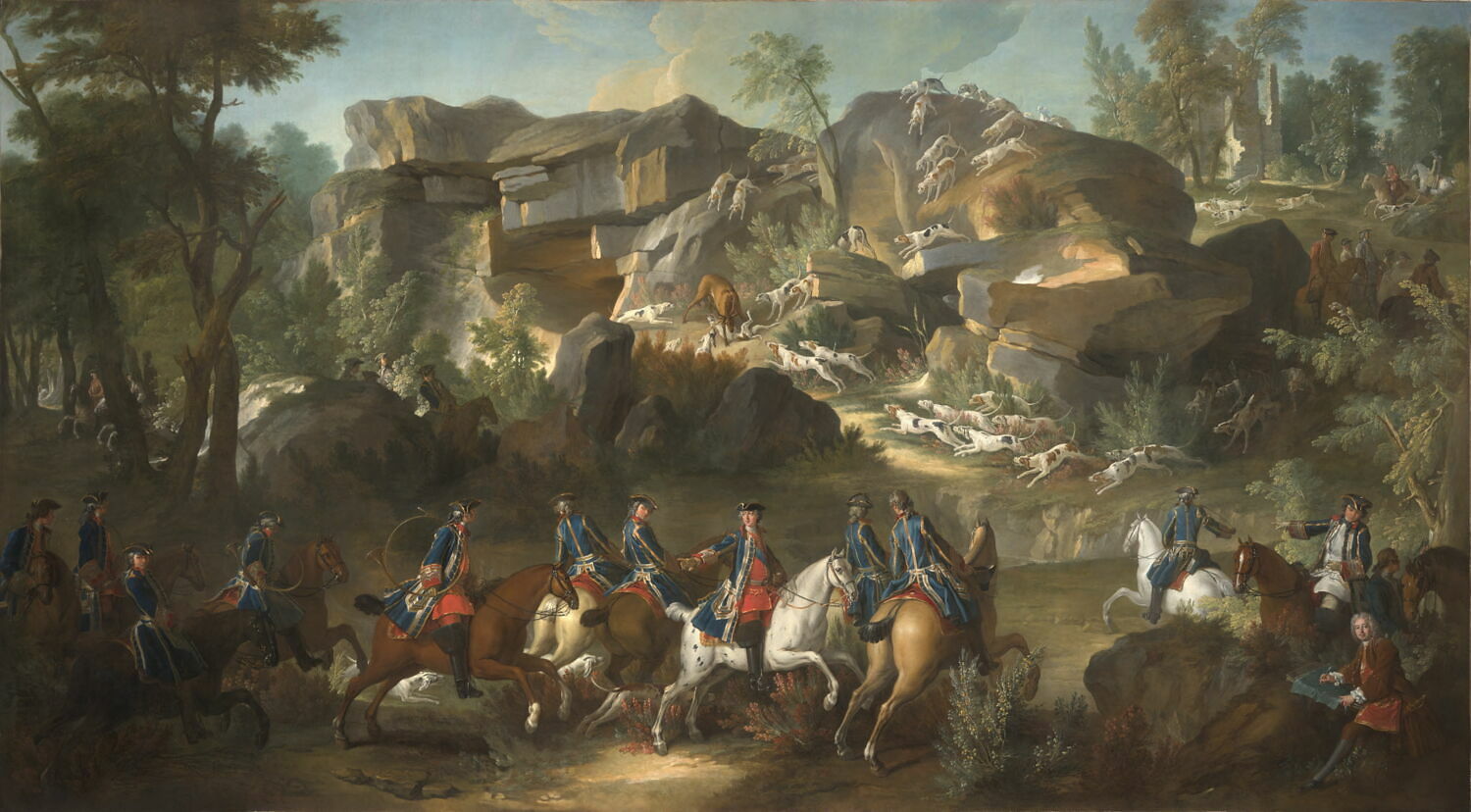 Chasse de Louis XV dans la forêt de Fontainebleau, à Franchard ; Cerf aux abois dans les rochers de Franchard, Oudry, Jean-Baptiste, 2e quart du XVIIIe siècle (1738)