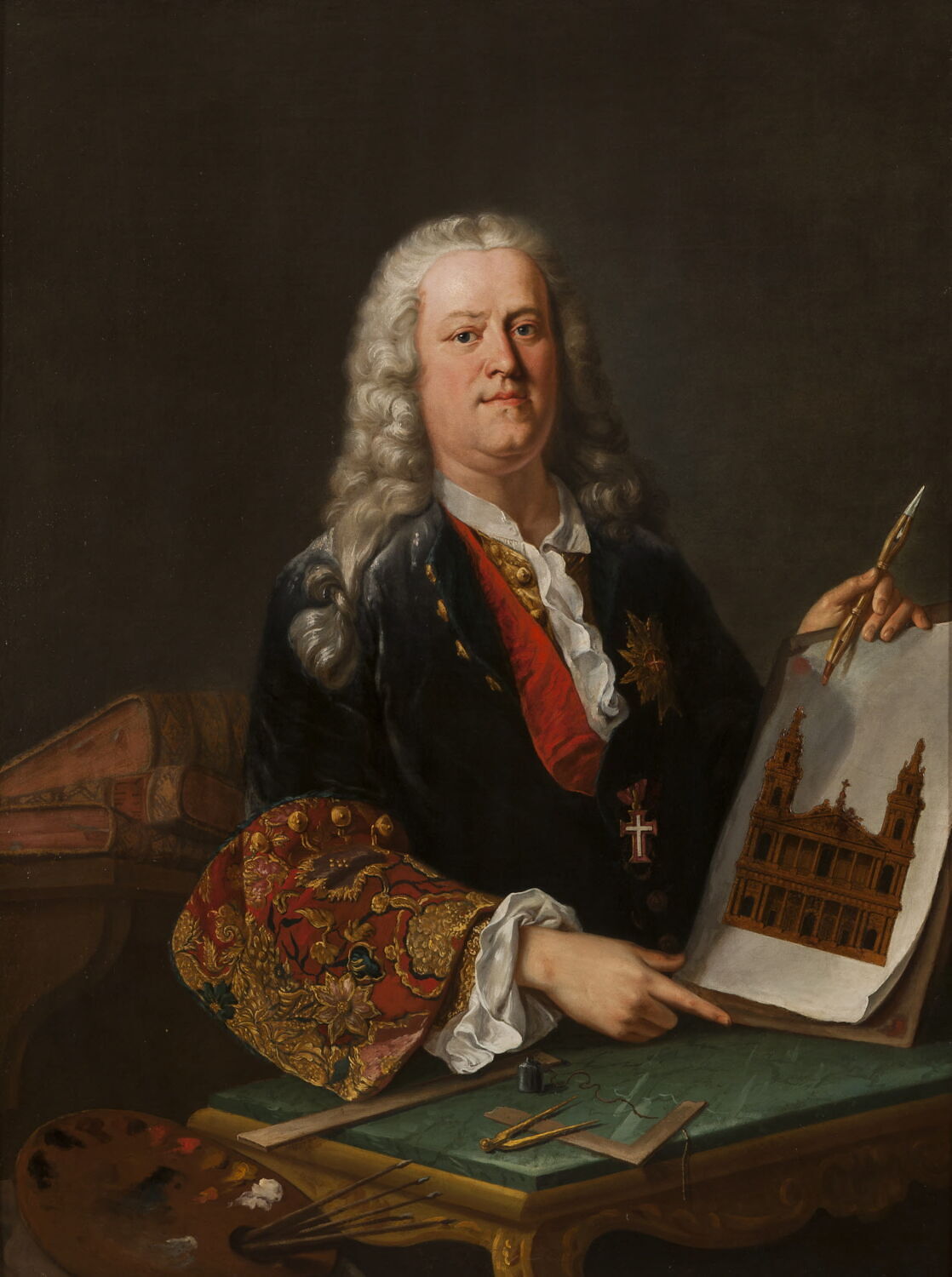 Portrait de Servandoni par lui-même tenant le projet de la façade de l'église Saint-Sulpice à Paris, Servandoni, Giovanni Niccolo, 2e quart du XVIIIe siècle (1745 ?) (1745)