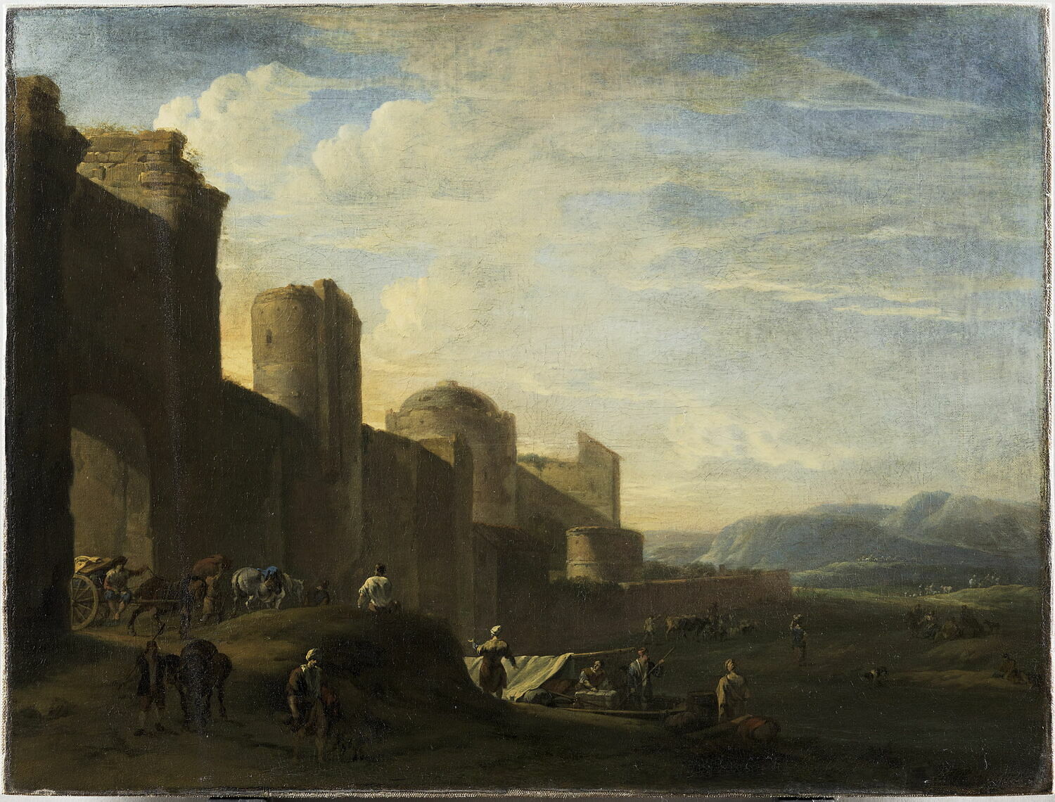 Charrette franchissant la porte d'une ville, aux murs baignés par une rivière, Ulft, Jacob van der, 2e moitié du XVIIe siècle (vers 1650 - 1660)