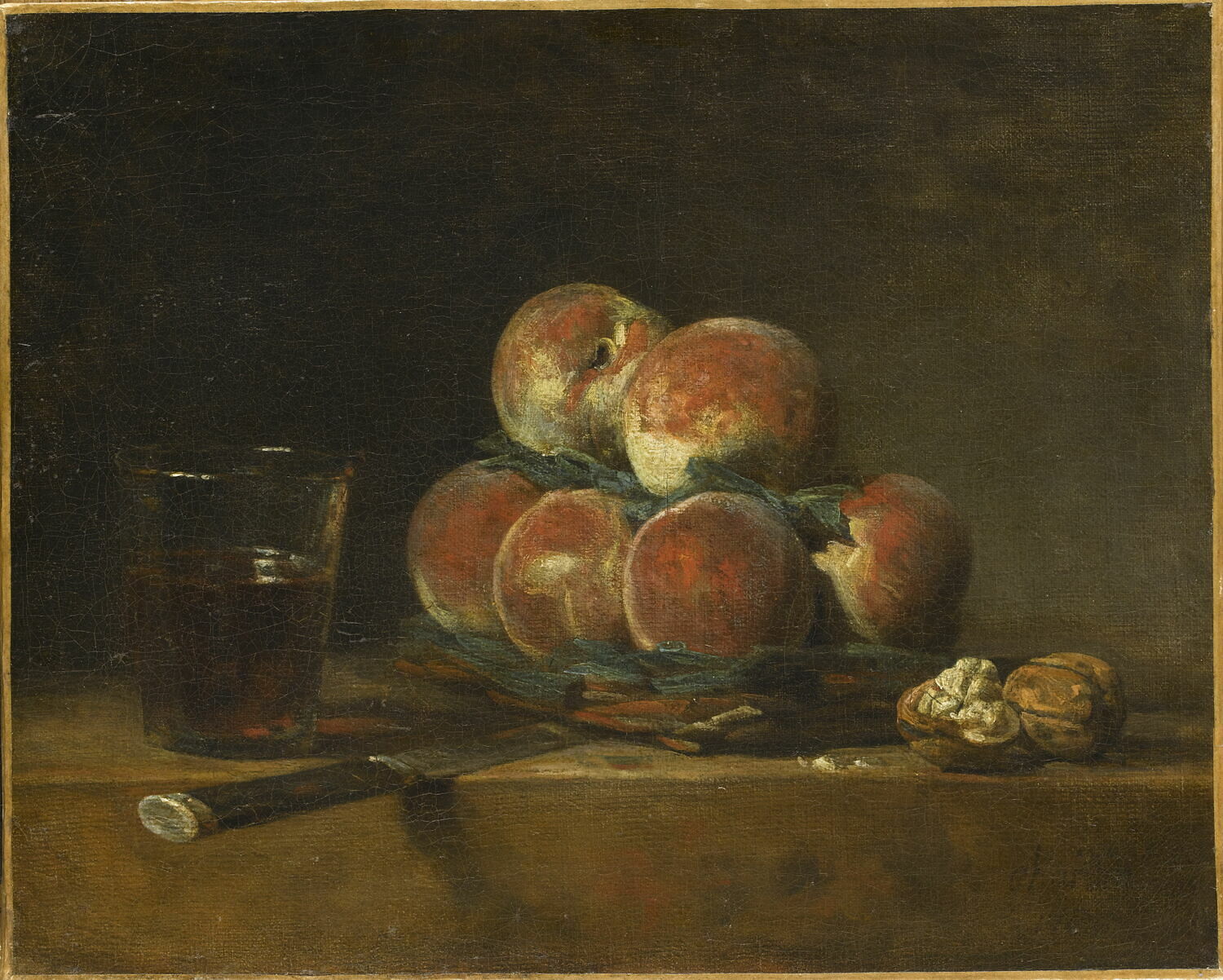 Panier de pêches, avec noix, couteau et verre de vin., Chardin, Jean Baptiste Siméon, 3e quart du XVIIIe siècle (1768)