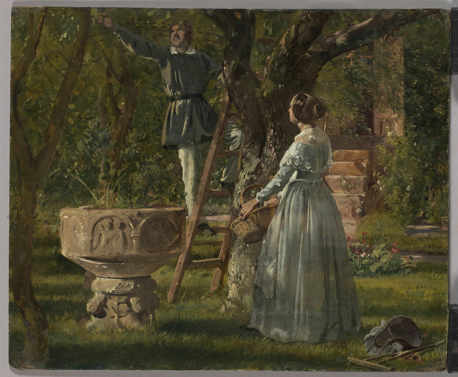 Jardin des parents du peintre à Ringsted (Danemark) avec une vieille cuve baptismale, Roed, Jørgen Pedersen, XIXe siècle (1800 - 1900)