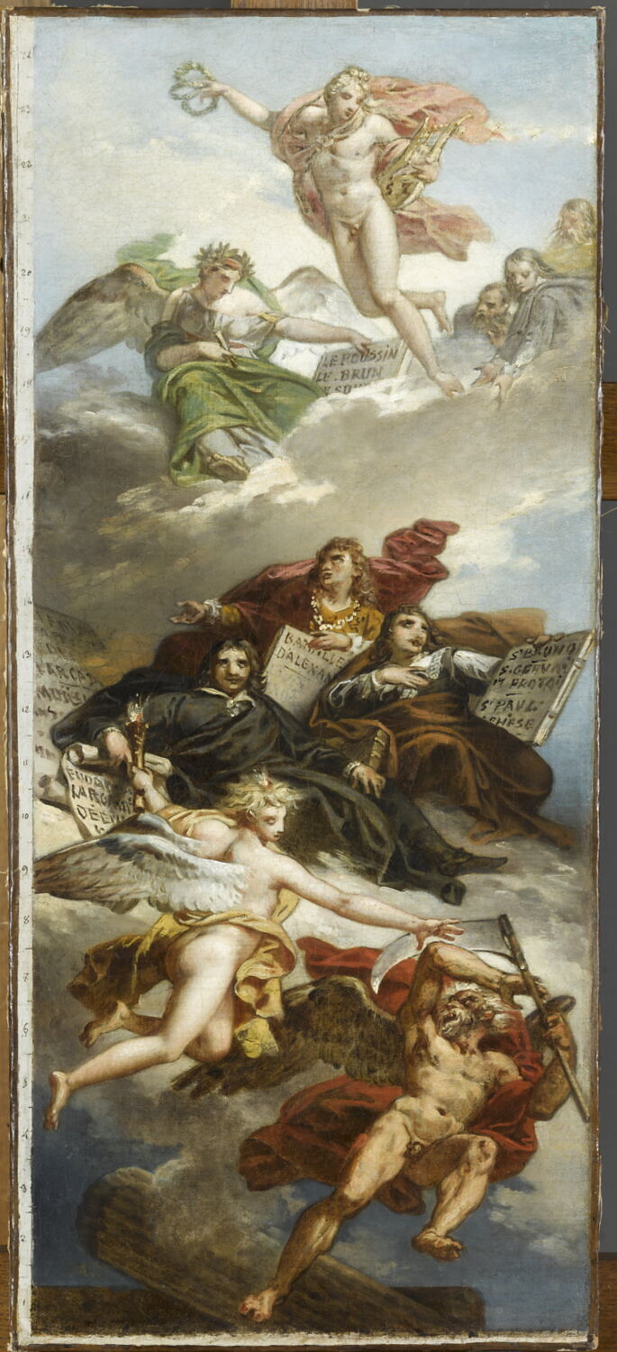 Esquisse de plafond : Le triomphe de la peinture française, apothéose de Poussin, de Le Sueur et de Le Brun., Meynier, Charles, 1e quart du XIXe siècle (vers 1821)