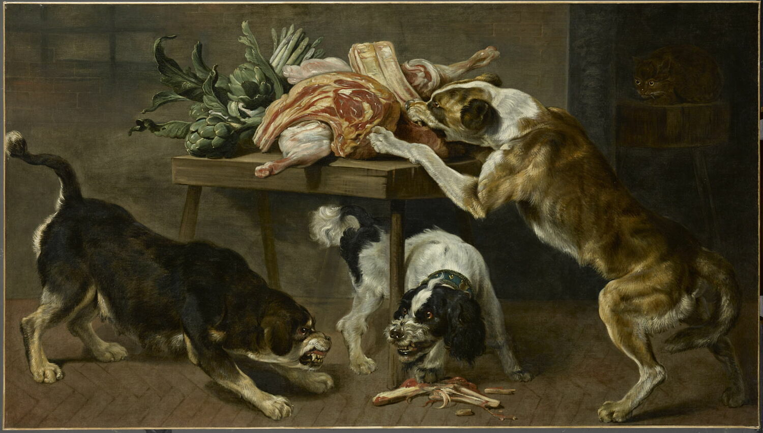 Trois chiens dans un garde-manger, Vos, Paul de, 1e moitié du XVIIe siècle (1600 - 1650)