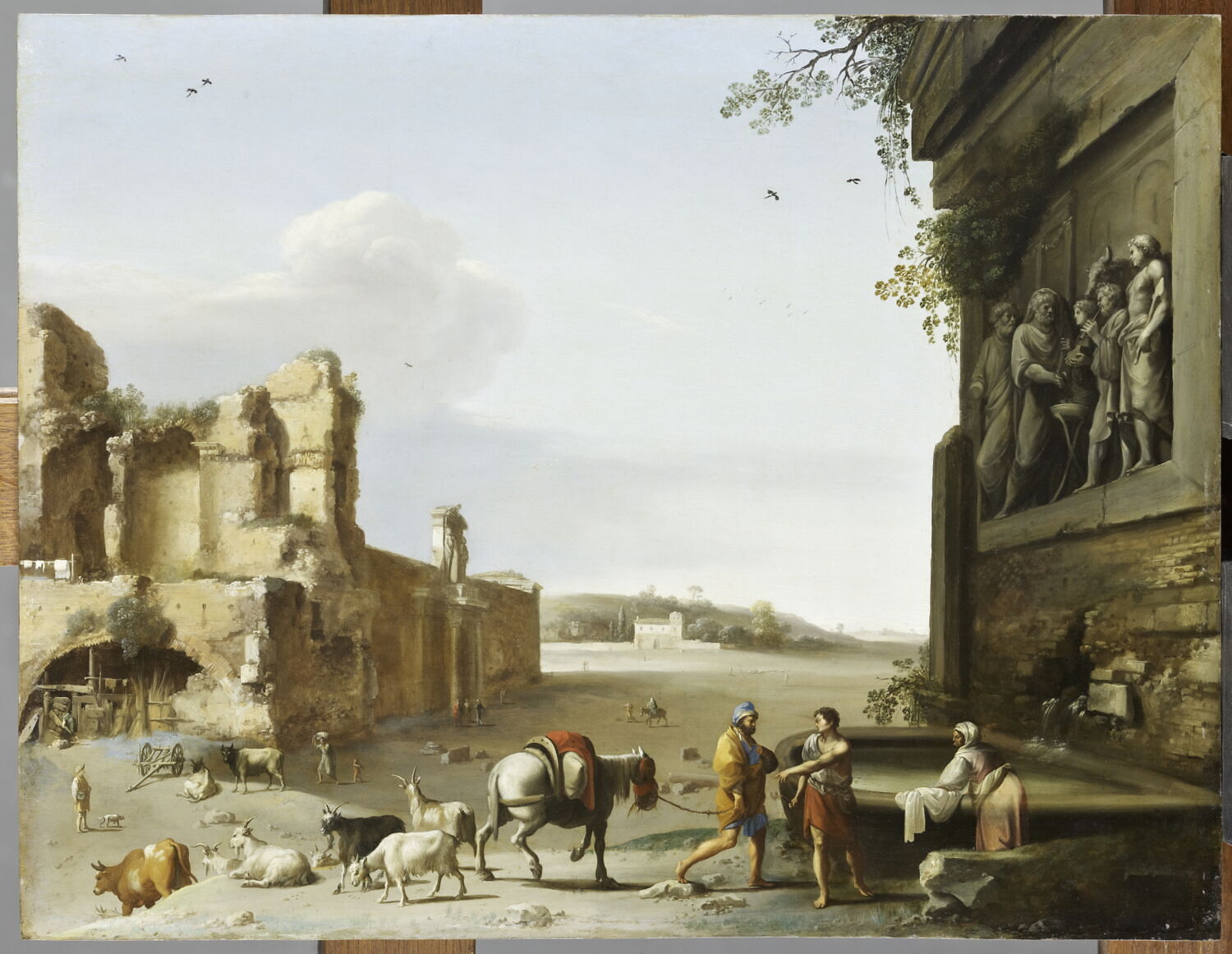 Ruines de l’ancienne Rome avec un bas-relief représentant le sacrifice de l'empereur Marc Aurèle (121-180), Poelenburgh, Cornelis van, 1e quart du XVIIe siècle (1620)