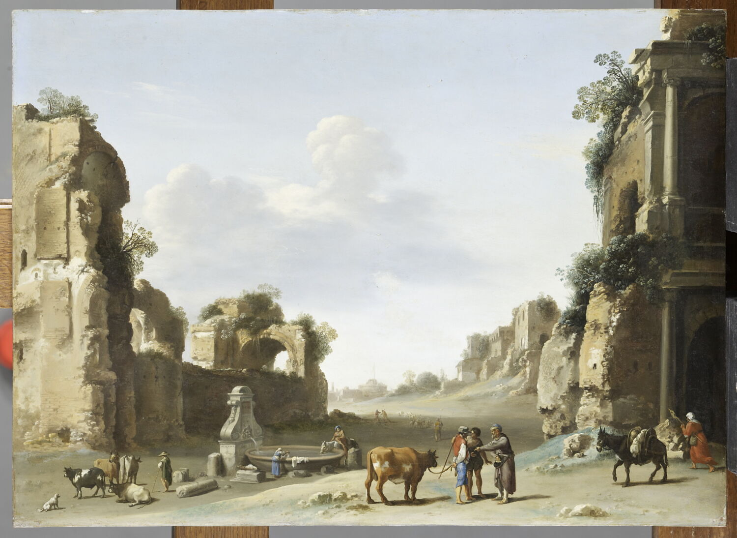 Vue de fantaisie du Campo Vaccino à Rome avec un âne, Poelenburgh, Cornelis van, 1e quart du XVIIe siècle (1620)