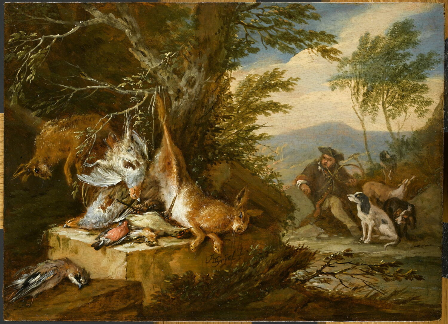 Gibier près d'un arbre et chasseur sonnant de la trompe, Gryef, Adriaen de, Fin du XVIIe siècle - début du XVIIIè siècle (1675 - 1725)