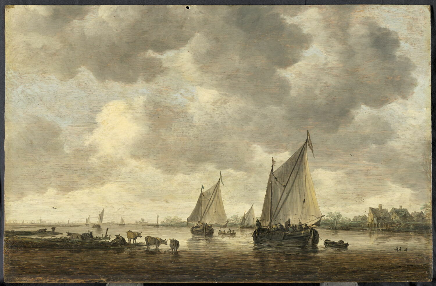 Deux grandes barques à voiles sur un fleuve et bestiaux près de la rive, Goyen, Jan van, 2e quart du XVIIe siècle (1647)