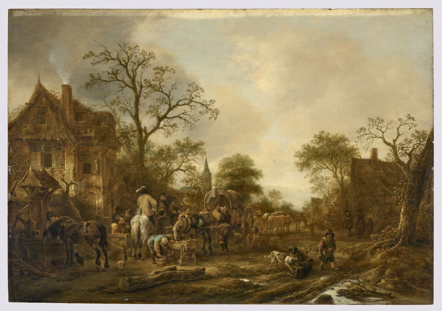 Halte de voyageurs et cavaliers dans un village, Ostade, Isaack van, 2e quart du XVIIe siècle (1625 - 1650)