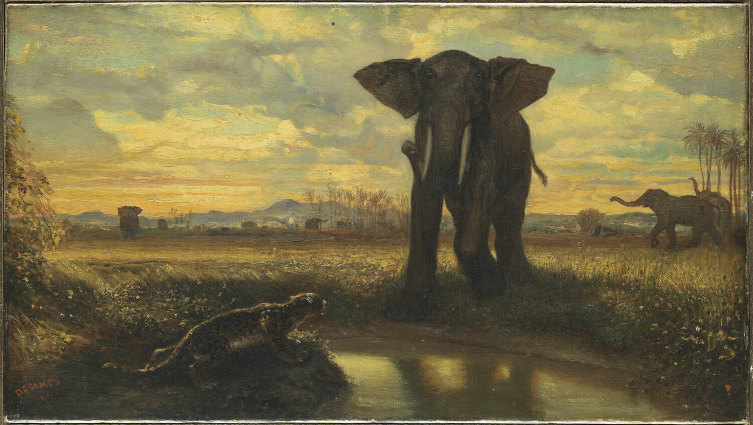 Tigre et éléphant à la source, dit aussi Le désert indien., Decamps, Alexandre-Gabriel, 2e quart du XIXe siècle (1849)