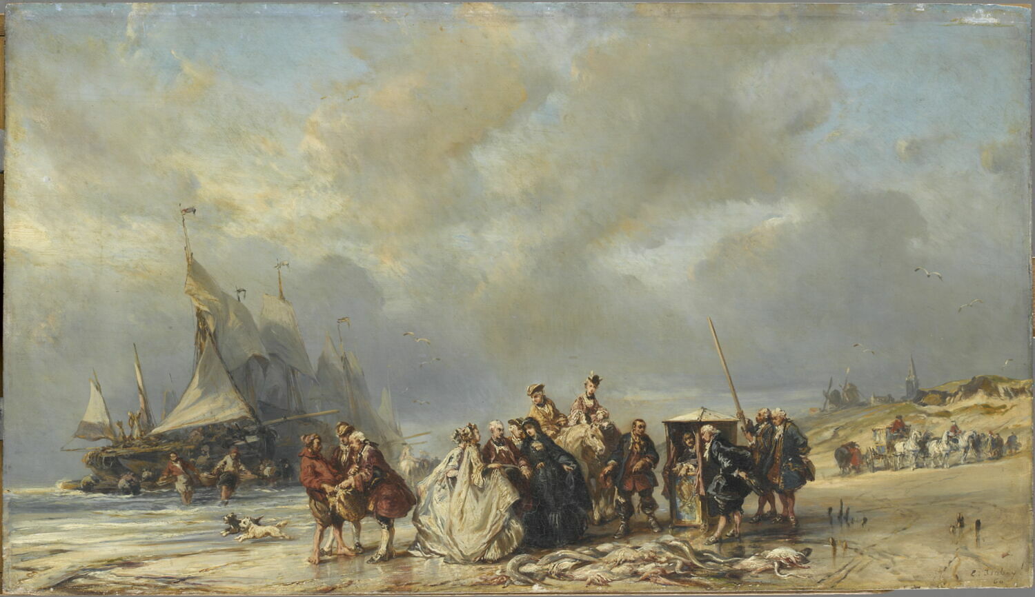 Seigneurs sur la plage de Schéveningue, au 18e siècle, Isabey, Eugène, 3e quart du XIXe siècle (1860)