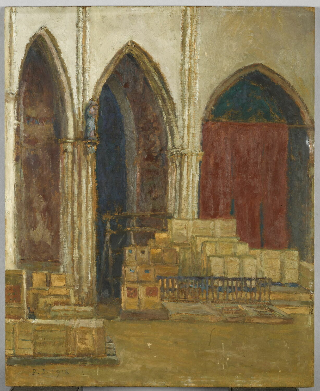 Vue intérieure de l'église des Jacobins à Toulouse en 1918, avec les caisses de tableaux évacués du Louvre, Jamot, Paul, XXe siècle (1918)