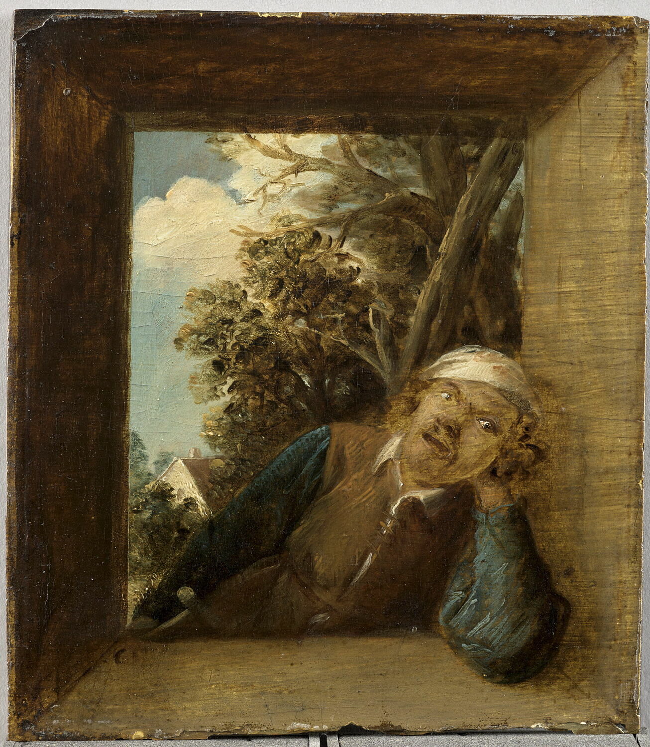 Le Toucher, figure d'homme dans l'embrasure d'une fenêtre rustique, sur fond de paysage, Craesbeeck, Joos van, 1e moitié du XVIIe siècle (vers 1630 - 1640)