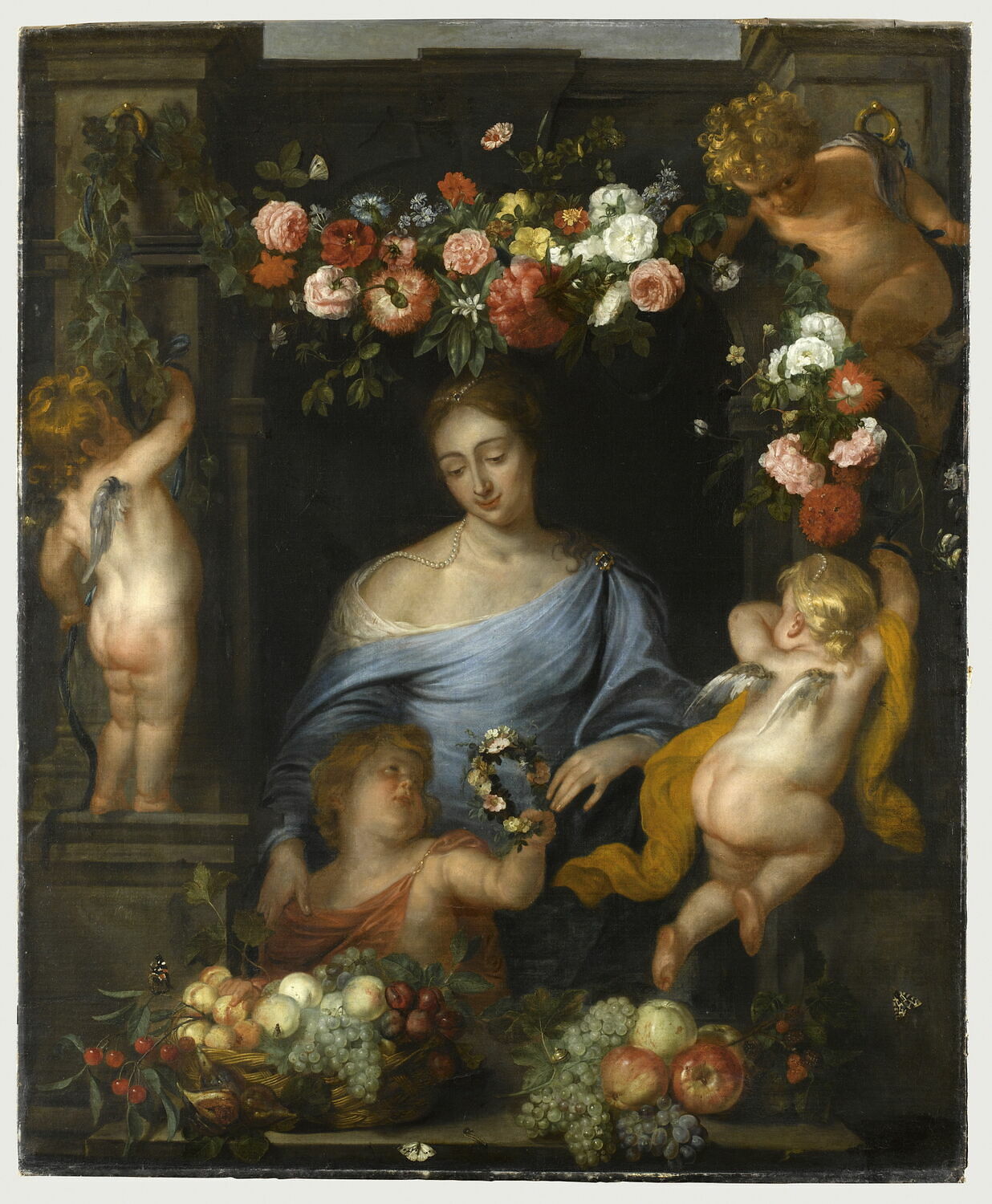 Flore et amours avec des fruits et des guirlandes de fleurs, Ykens, Frans, XVIIe siècle (1600 - 1700)