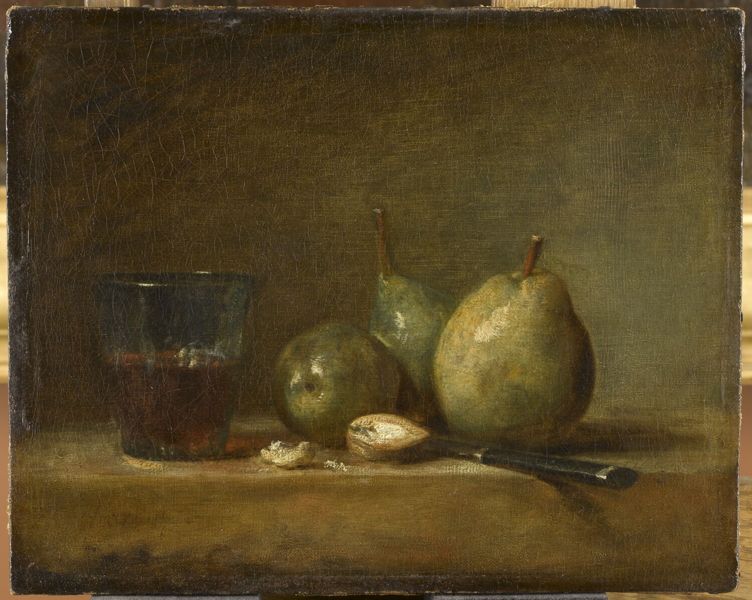 Poires, noix et verre de vin., Chardin, Jean Baptiste Siméon, 3e quart du XVIIIe siècle (vers 1768)
