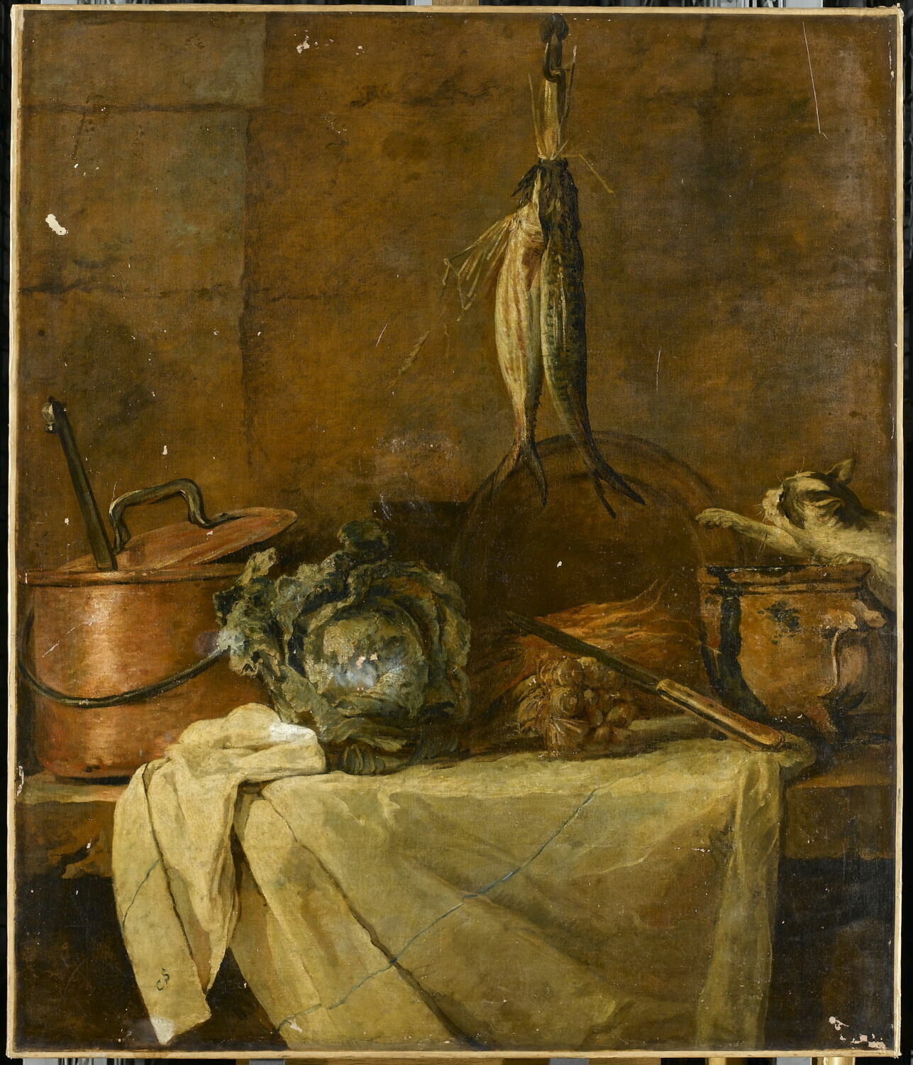 La Table de cuisine, dit aussi Le Larron en bonne fortune, ou Les Harengs avec chat., Chardin, Jean Baptiste Siméon, 2e quart du XVIIIe siècle (1725 - 1750)