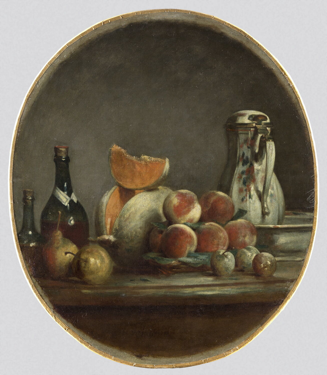Melon, poires, pêches et prunes, dit aussi Le Melon entamé., Chardin, Jean Baptiste Siméon, 3e quart du XVIIIe siècle (1763)