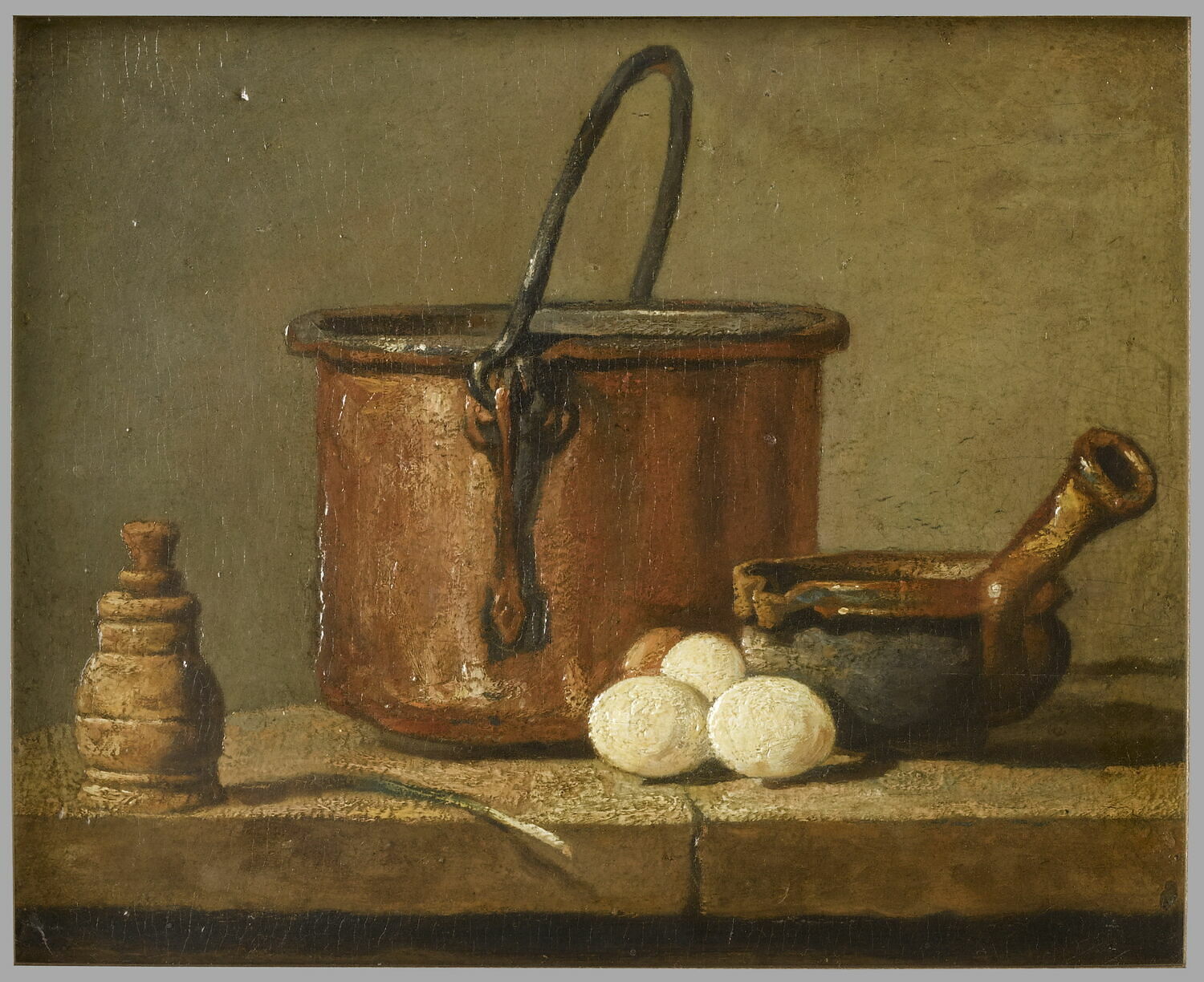 Ustensiles de cuisine, chaudron, poêlon et oeufs, Chardin, Jean Baptiste Siméon, 2e quart du XVIIIe siècle (vers 1733)